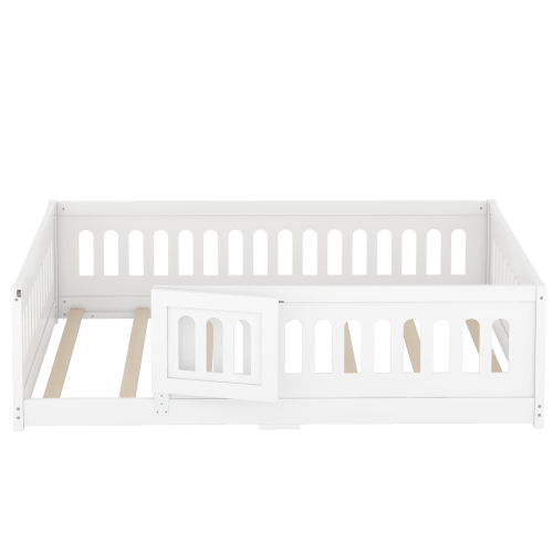 Twin Size Floor Bed with Heightened Safety Guardrails and Door, Solid Wood Bedframe with Rails for Girls, Boys, Teens, Child Bedroom, Kids Playroom, No Slats Included, White、、casual