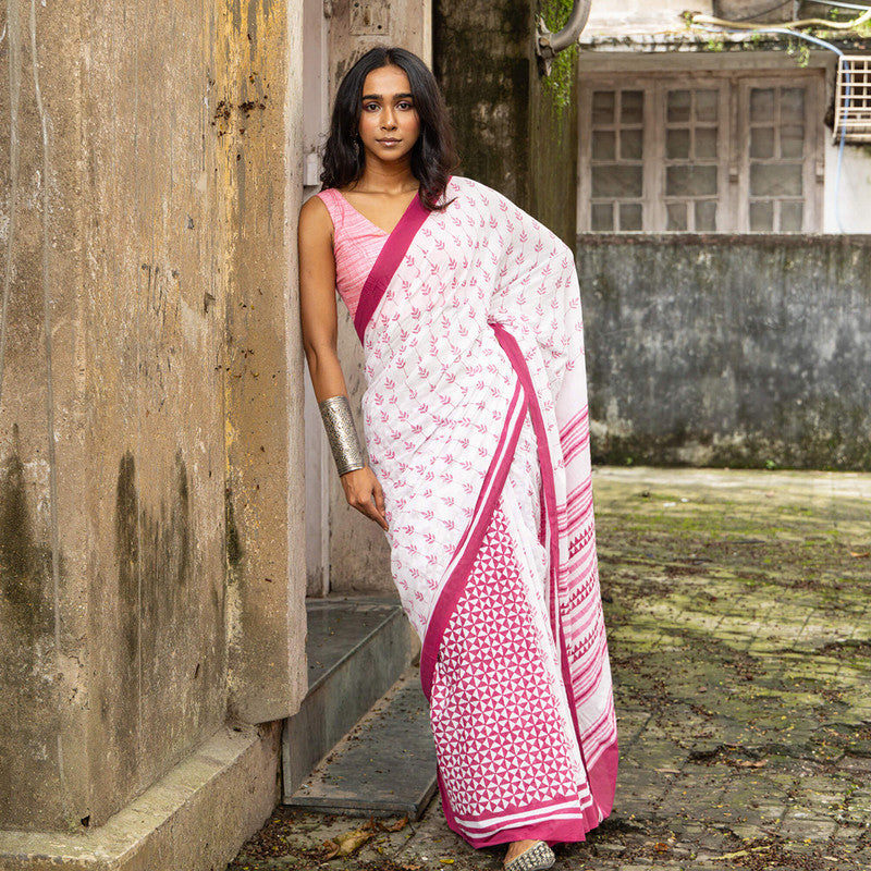 Cotton Printed Saree | White & Pink、mySite、camillekostekn