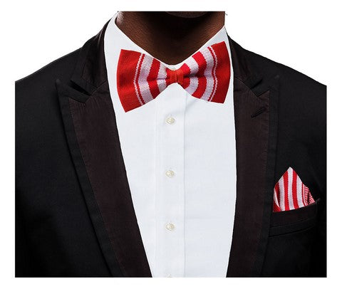 Red and White Handwoven Kente Bow Tie and Pocket Triangle-DPT253、mySite、solidvoid