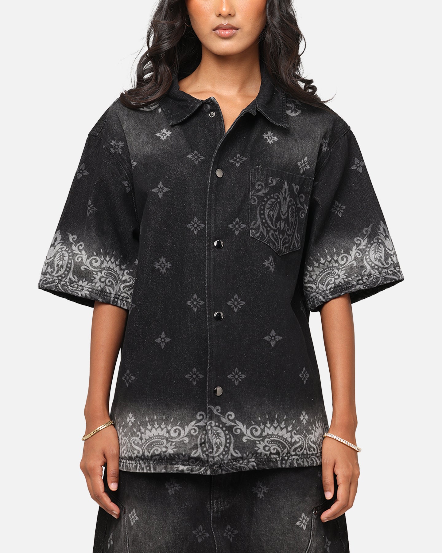 Criminal Damage Laser Print Denim Button Up Shirt Washed Black、mySite、zt4zffjzw