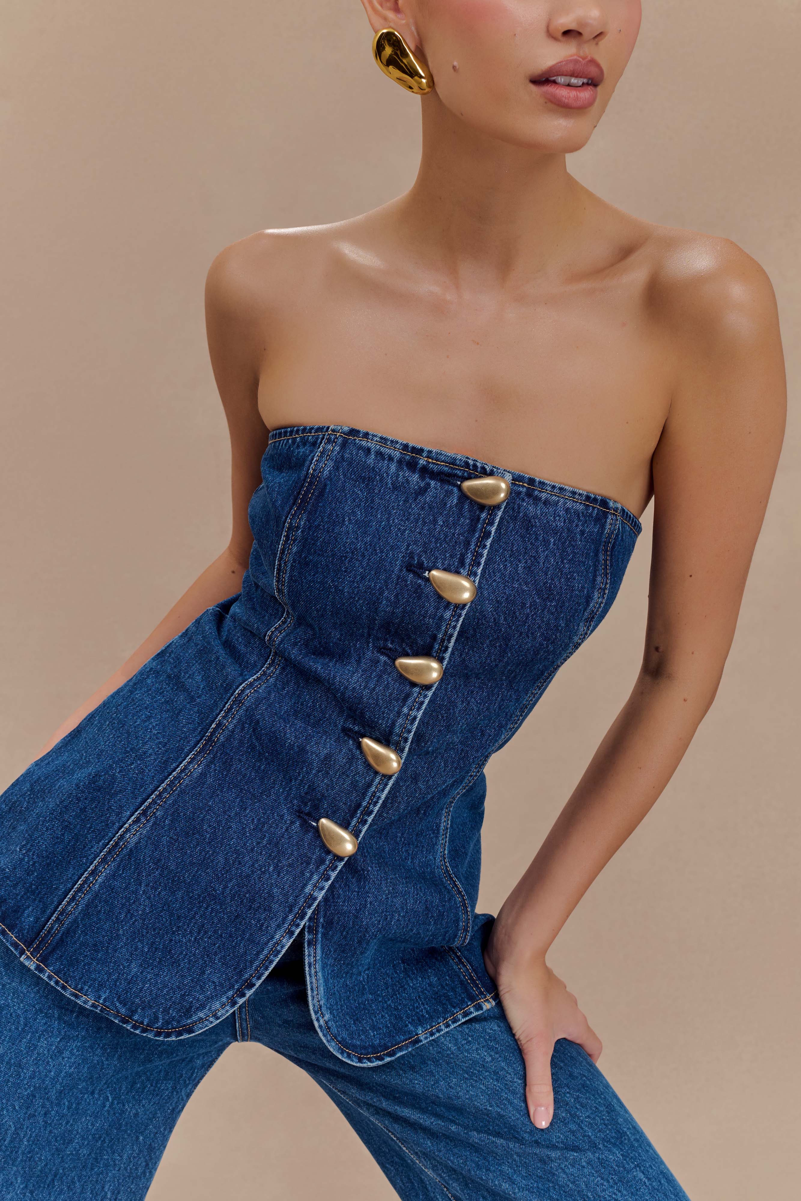 Lennox Strapless Long Line Button Top - Dark Blue、mySite、solidvoid