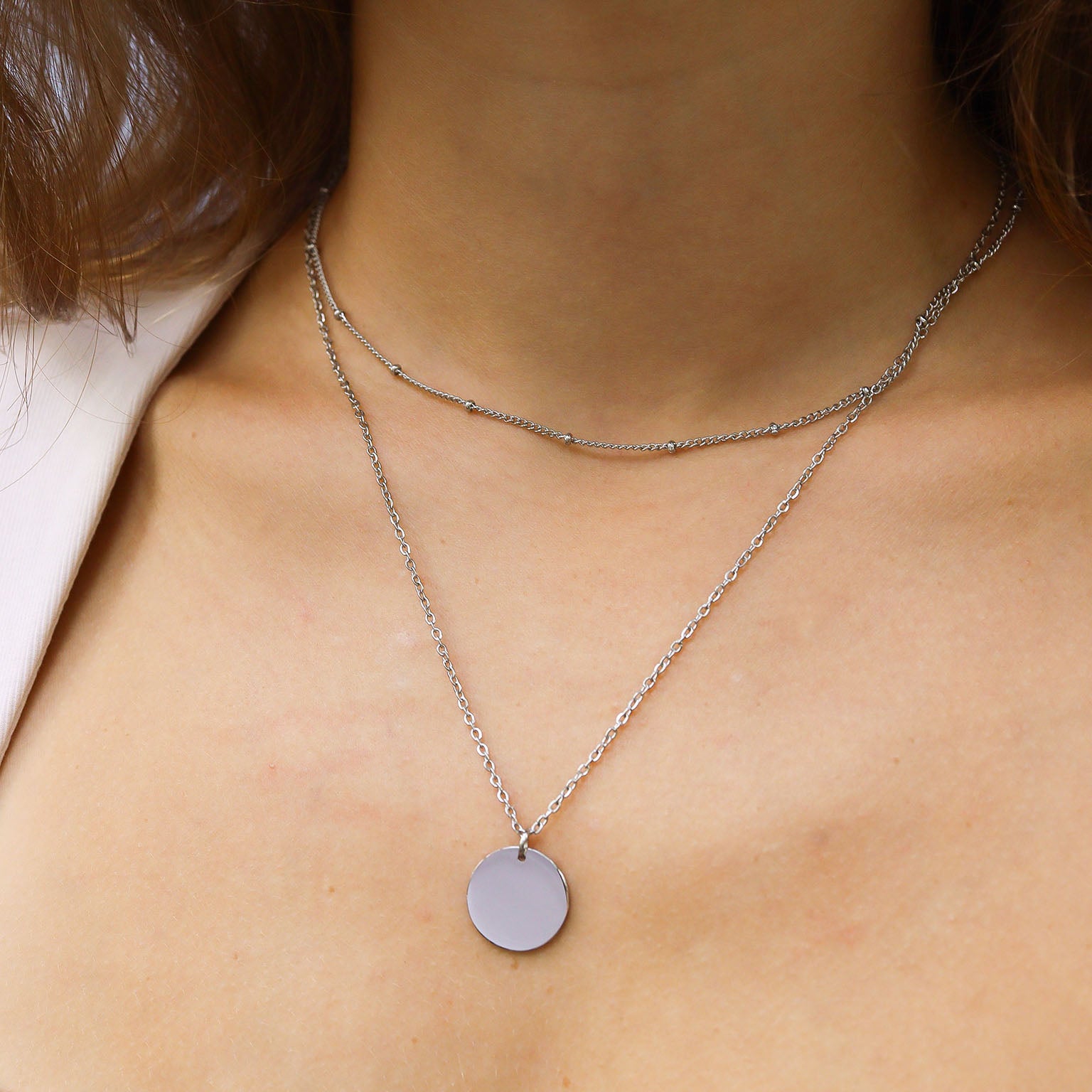 18K Gold PVD Stainless Steel Loop and Satellite Chain Blank Disk Layered Necklace / CHN0001、mySite、dreamappss