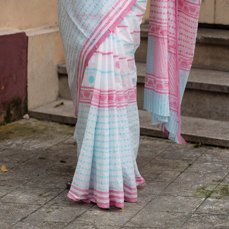 Cotton Saree | Hand Block Print | White & Blue、mySite、camillekostekn