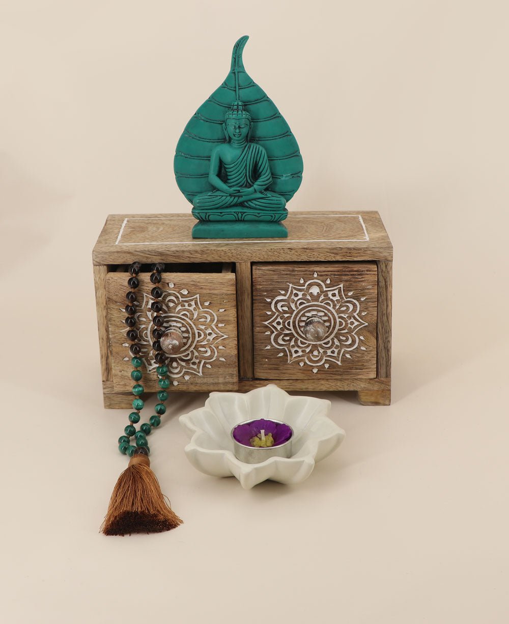 Small Tabletop Carved Wood Mandala Pedestal Riser With Drawers、mySite、topwebapps