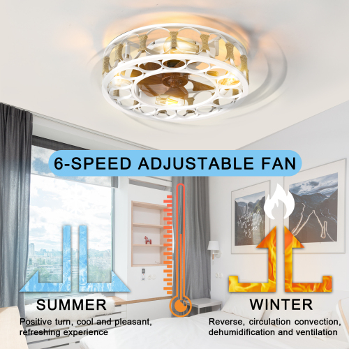 Caged Ceiling Fan with Lights Remote Control, Low Profile Flush Mount Farmhouse Modern Ceiling fans, 6 Speeds Reversible Blades, 5 LED Bulbs Include(Black)、、eastwooduniform