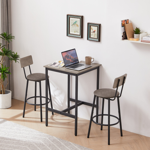 Bar Table Set with 2 Bar stools PU Soft seat with backrest, Grey, 23.62'' W x 23.62'' D x 35.43'' H、、casual