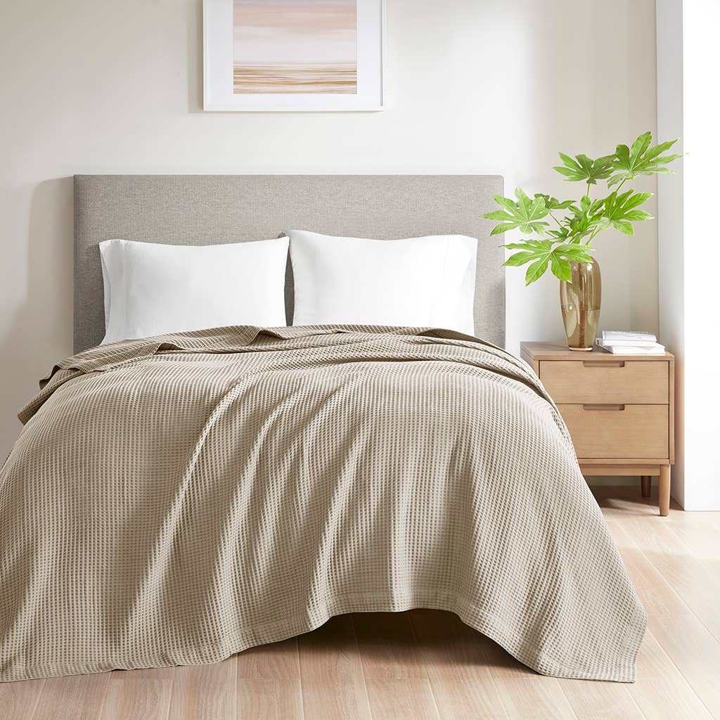 Waffle Weave Cotton Bedding Blanket, Khaki 300GSM、mySite、g9winljtr
