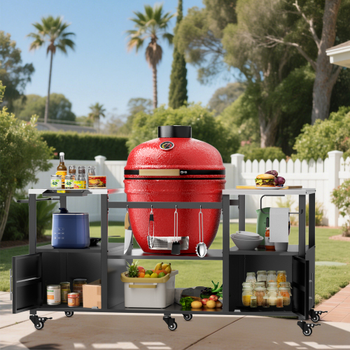 Outdoor Grill Table for Big Green Egg Style BBQ, Metal Grill Cart with 2 Folding Panels, Compatible with up to Large Green Egg, Kamado Joe Jr、、eastwooduniform