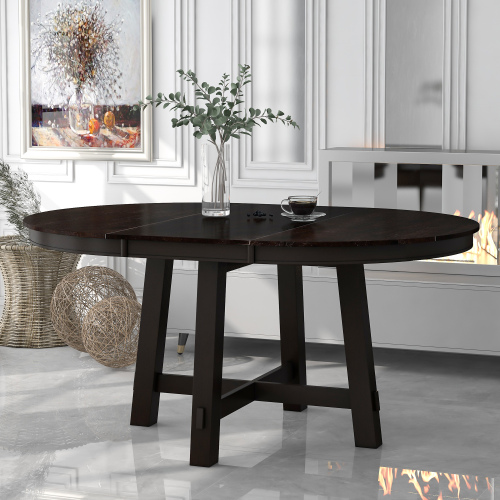 TREXM Farmhouse Round Extendable Dining Table with 16" Leaf Wood Kitchen Table (Natural Wood Wash)、、casual