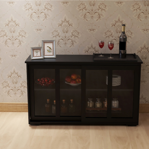 Kitchen Storage Stand Cupboard With Glass Door-Black、、casual