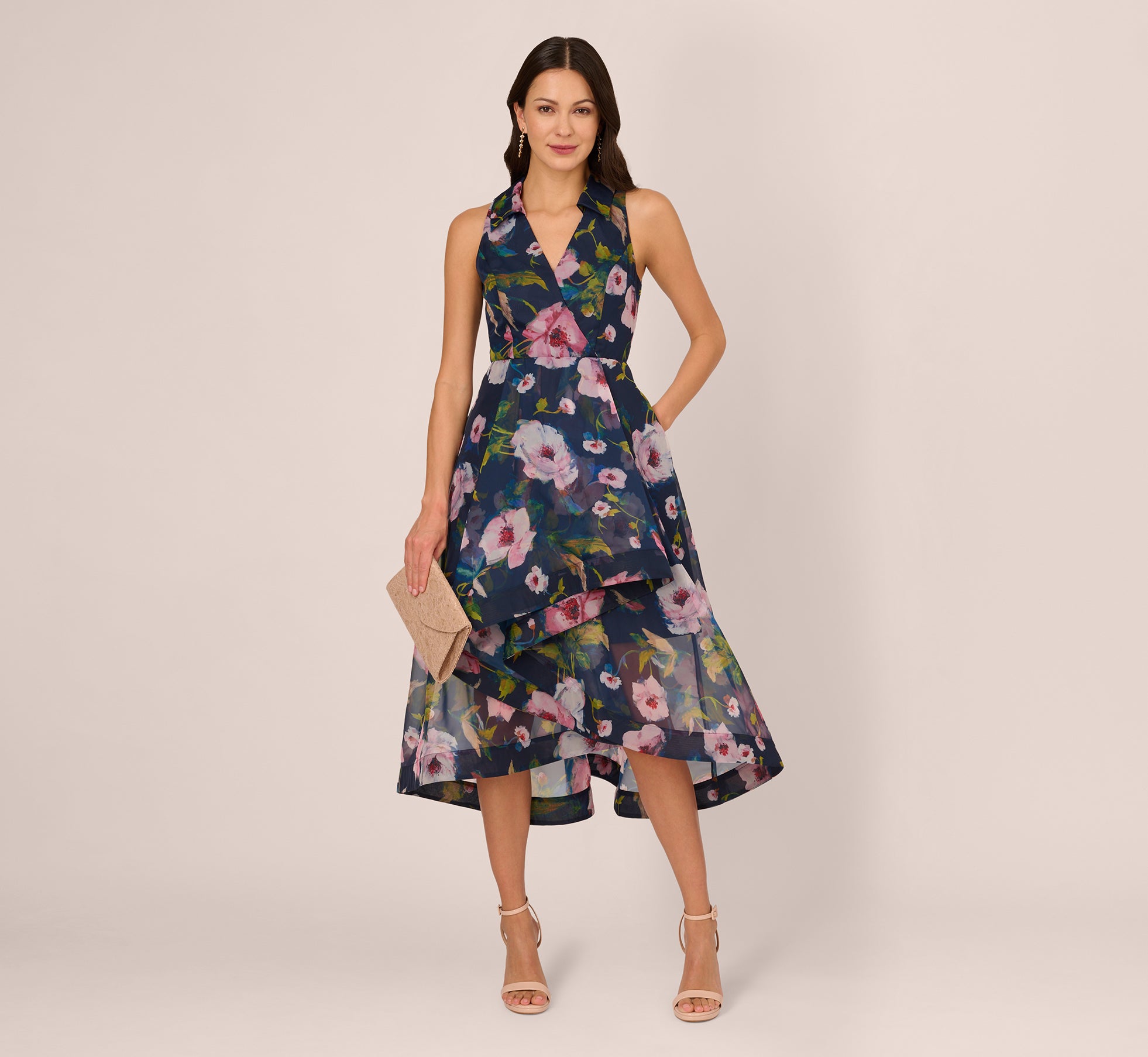 Floral Printed High Low Organza Halter Dress In Navy Multi、mySite、solidvoid