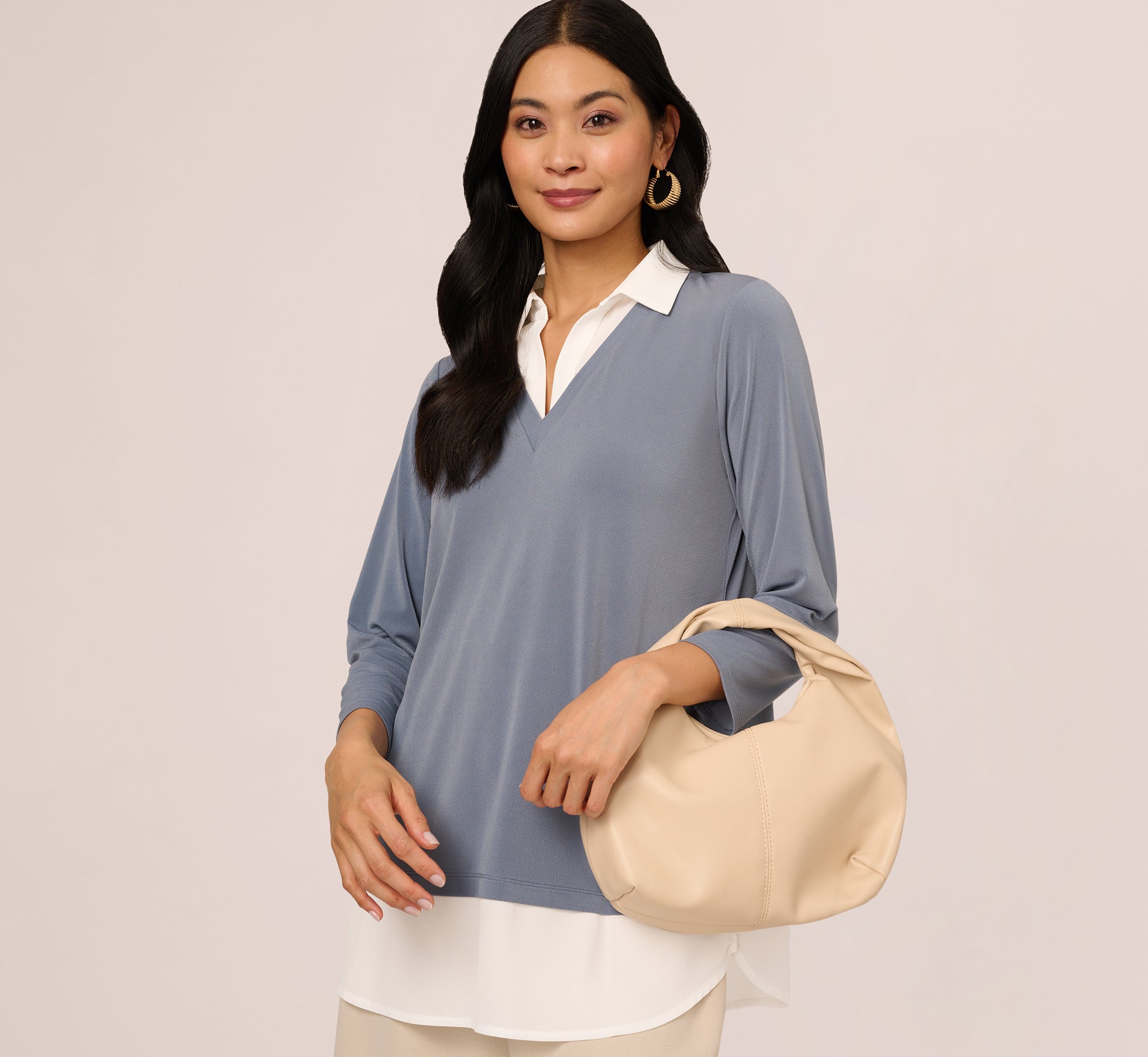 Three Quarter Sleeve Collared Twofer Sweater In Dusty Blue Ivory、mySite、solidvoid