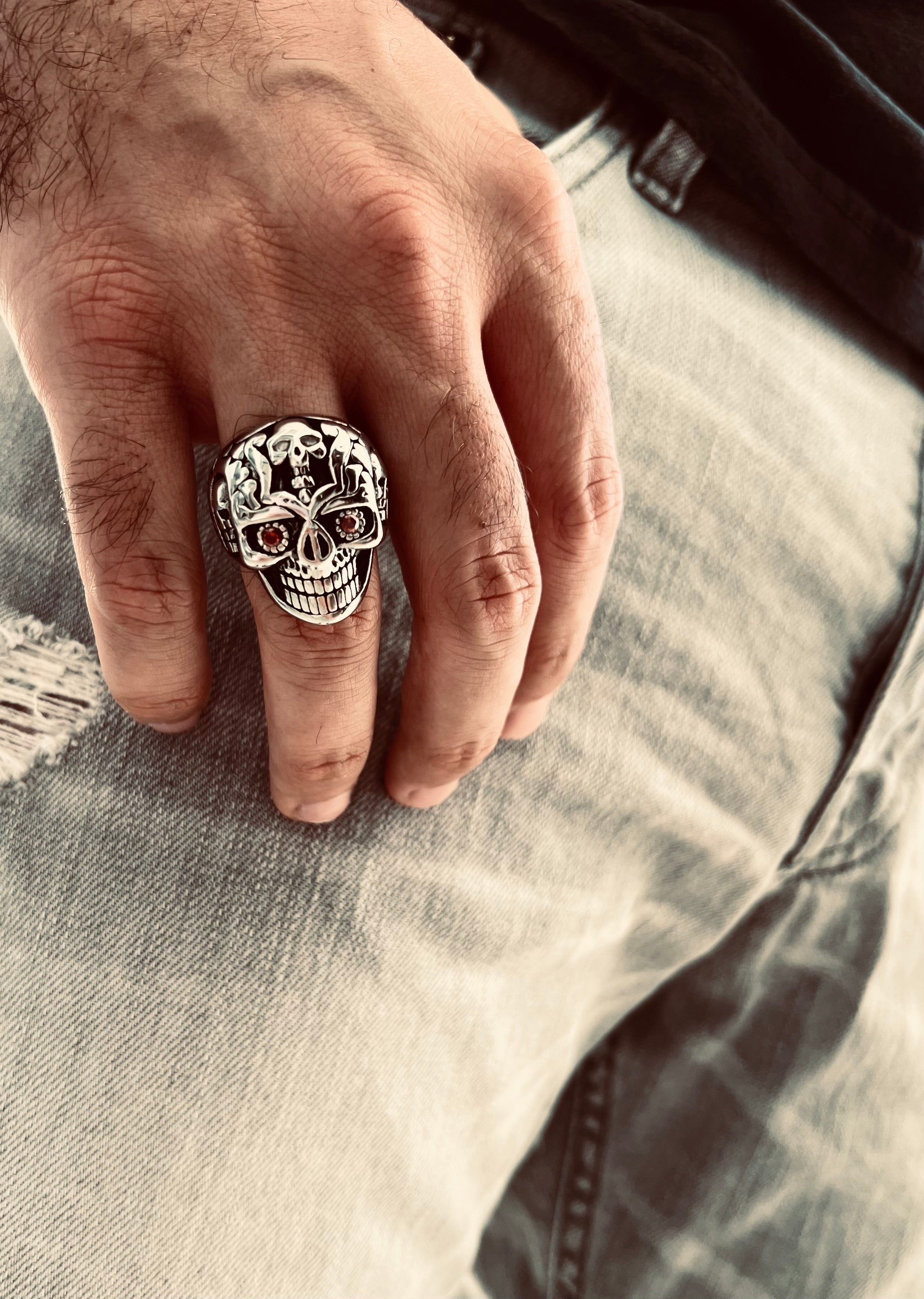 Stainless Steel Red CZ Eyed Sugar Skull Ring / SCR4088、mySite、dreamappss