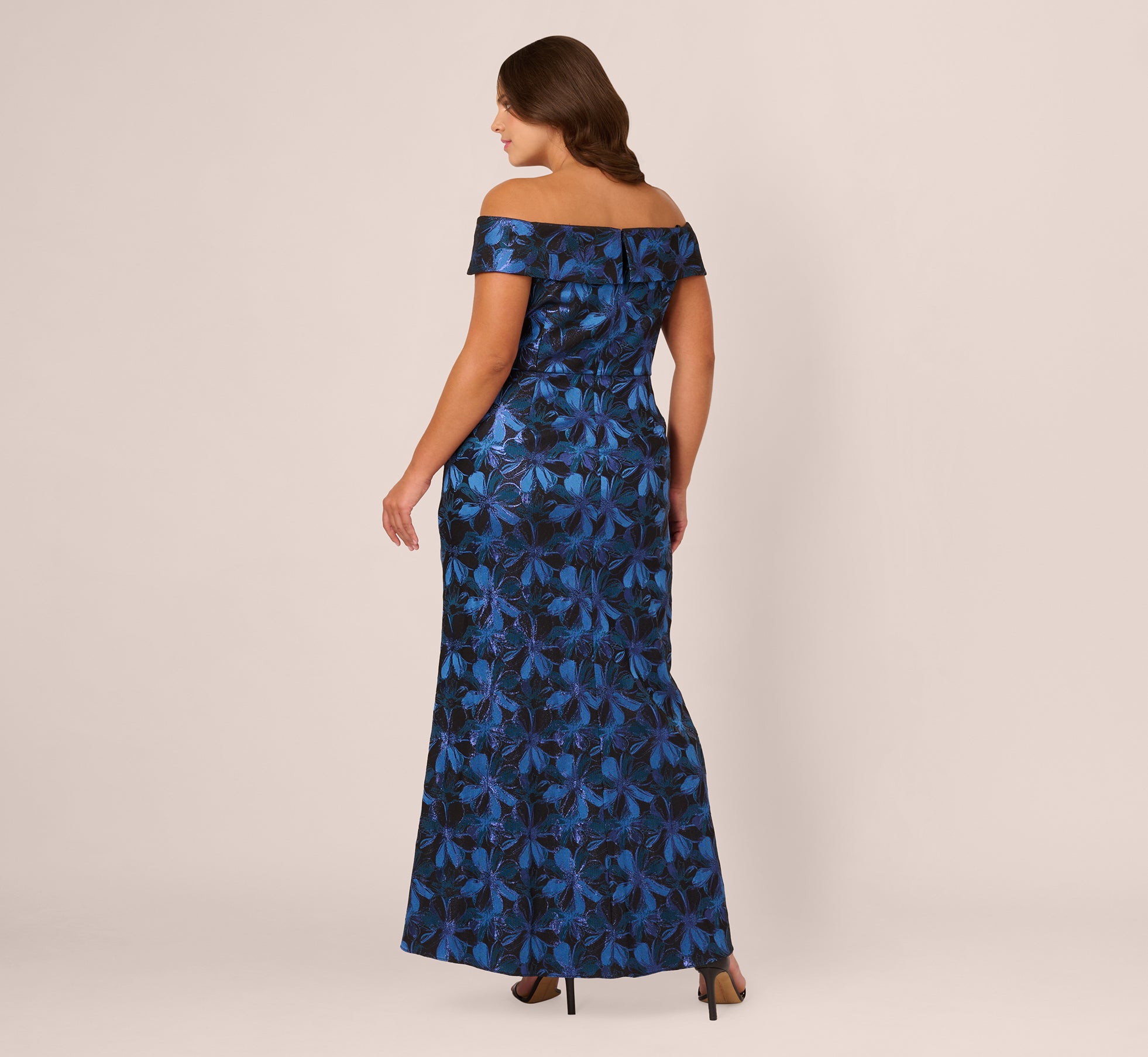 Plus Size Off Shoulder Jacquard Gown In Blue Multi、mySite、solidvoid
