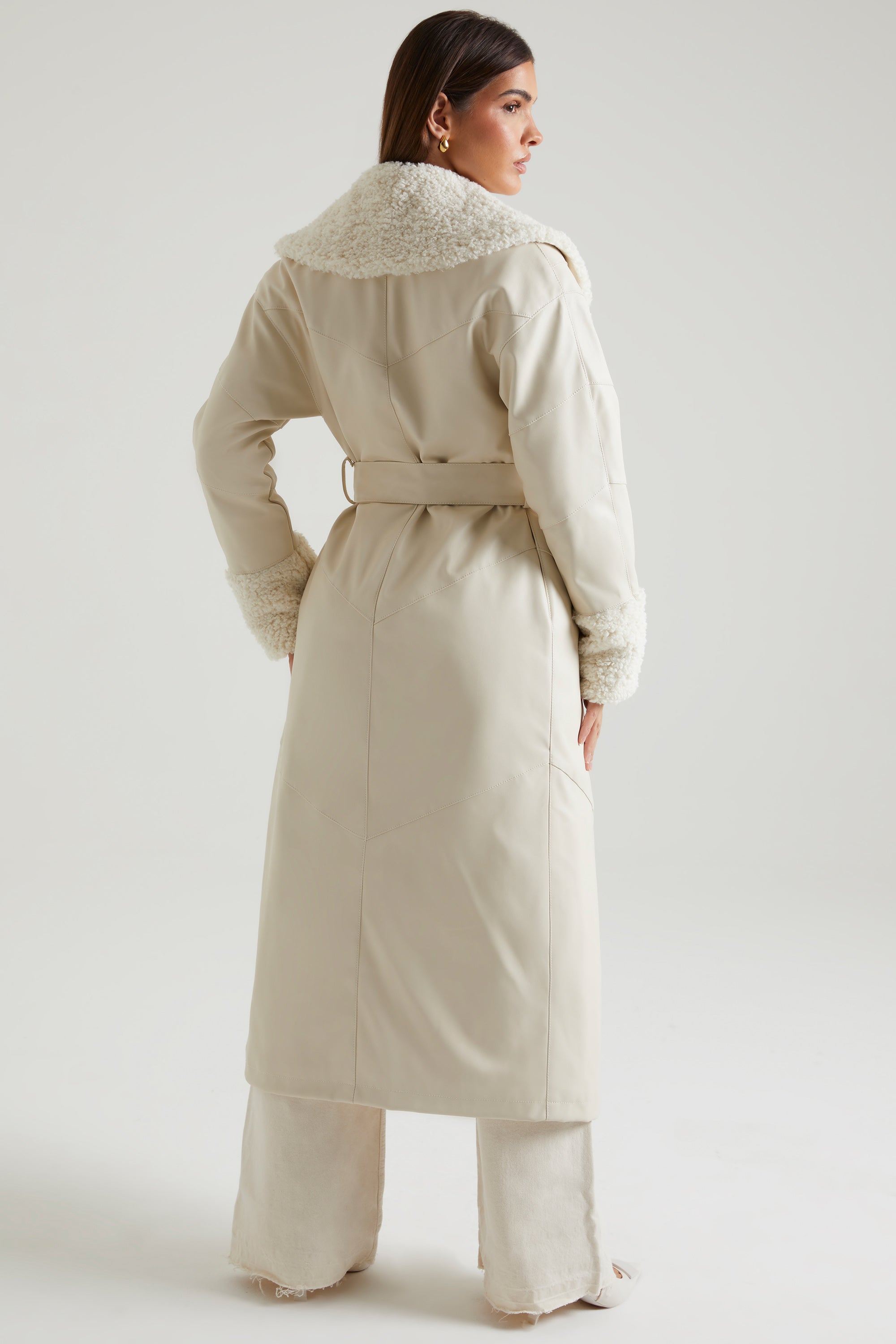 Tie Up Coat with Shearling Collar and Cuffs in Cream、mySite、solidvoid