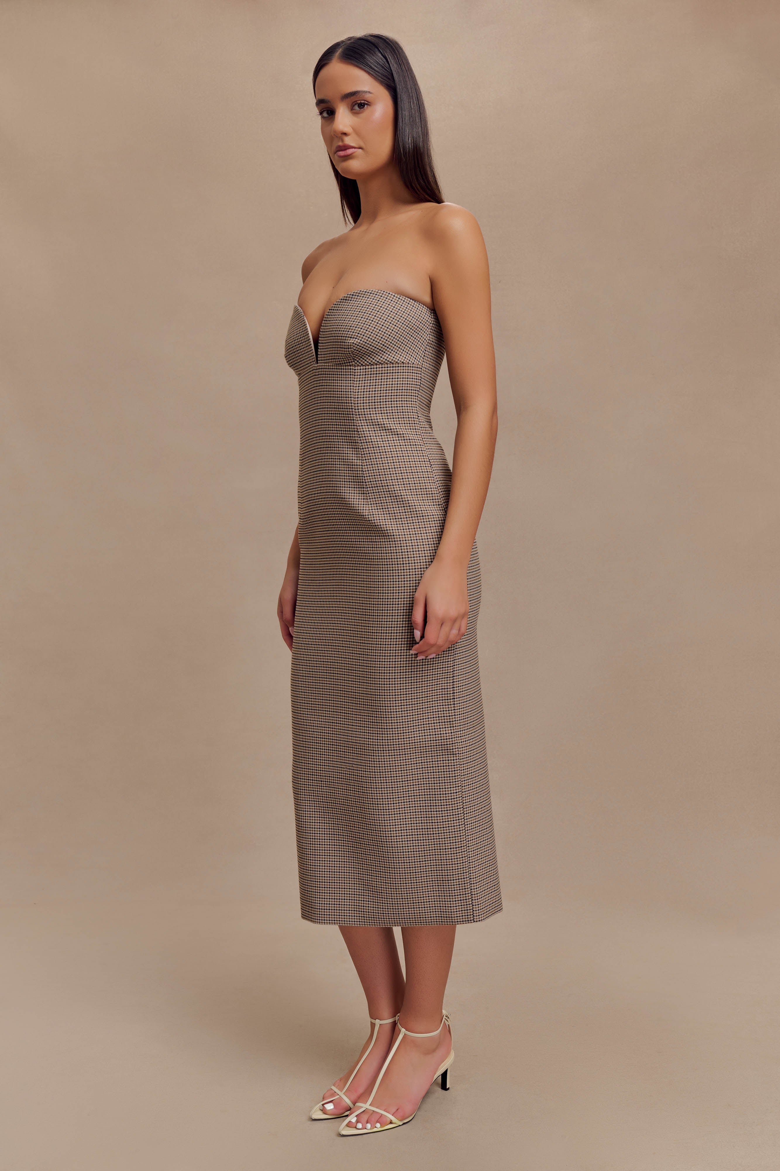 Christie Strapless Midi Dress - Tan Check、mySite、solidvoid