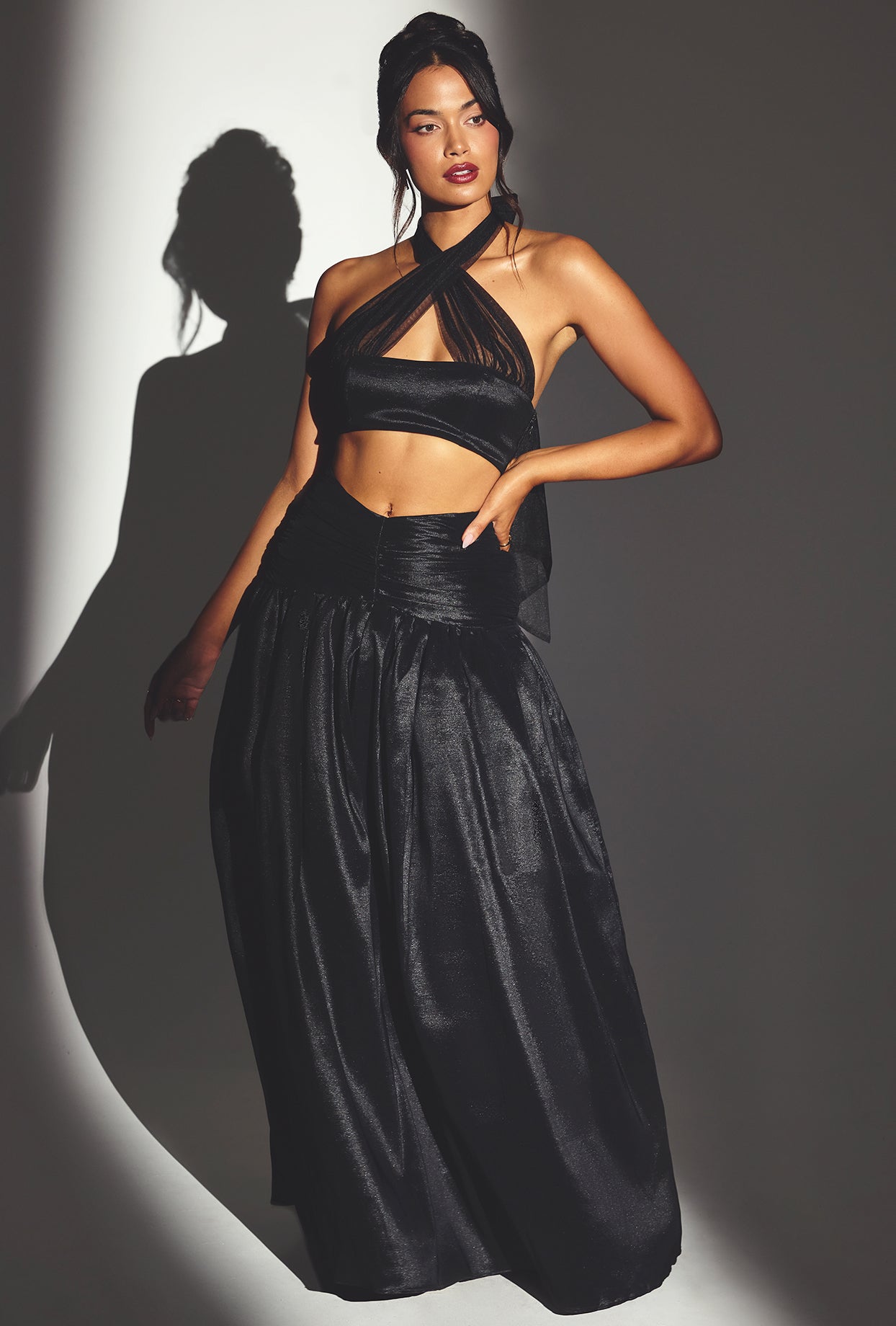 Woven Twill Voluminous Maxi Skirt in Jet Black、mySite、solidvoid