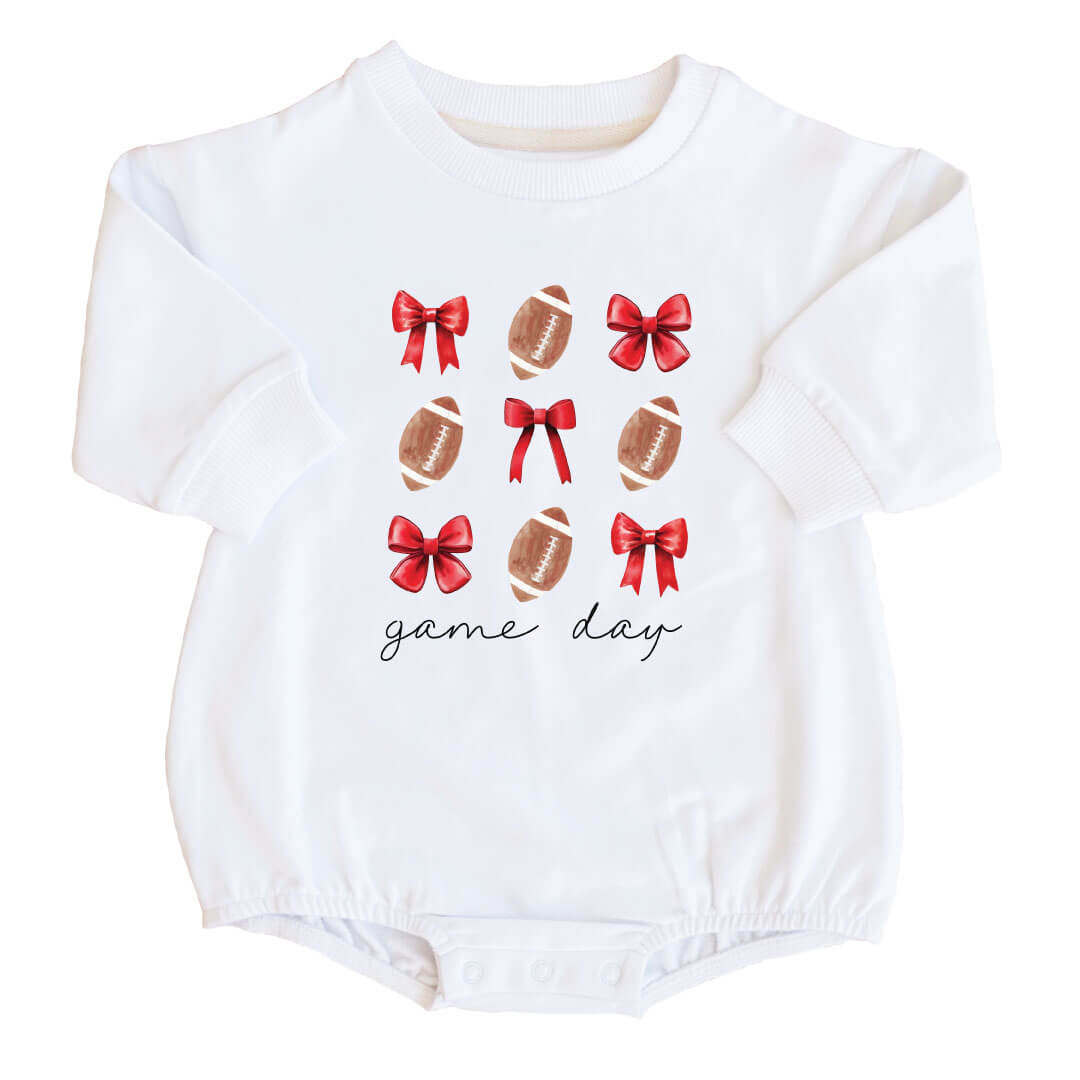  Texas Tech University | Footballs & Bows Graphic Sweatshirt Bubble Romper、mySite、layawaytickets
