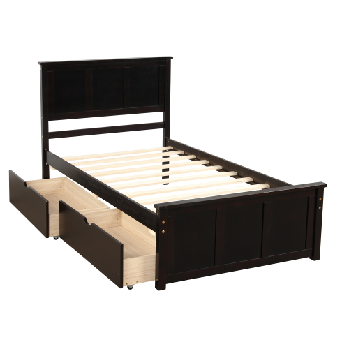 Platform Bed with Twin Size Trundle, Twin Size Frame, Espresso、、casual