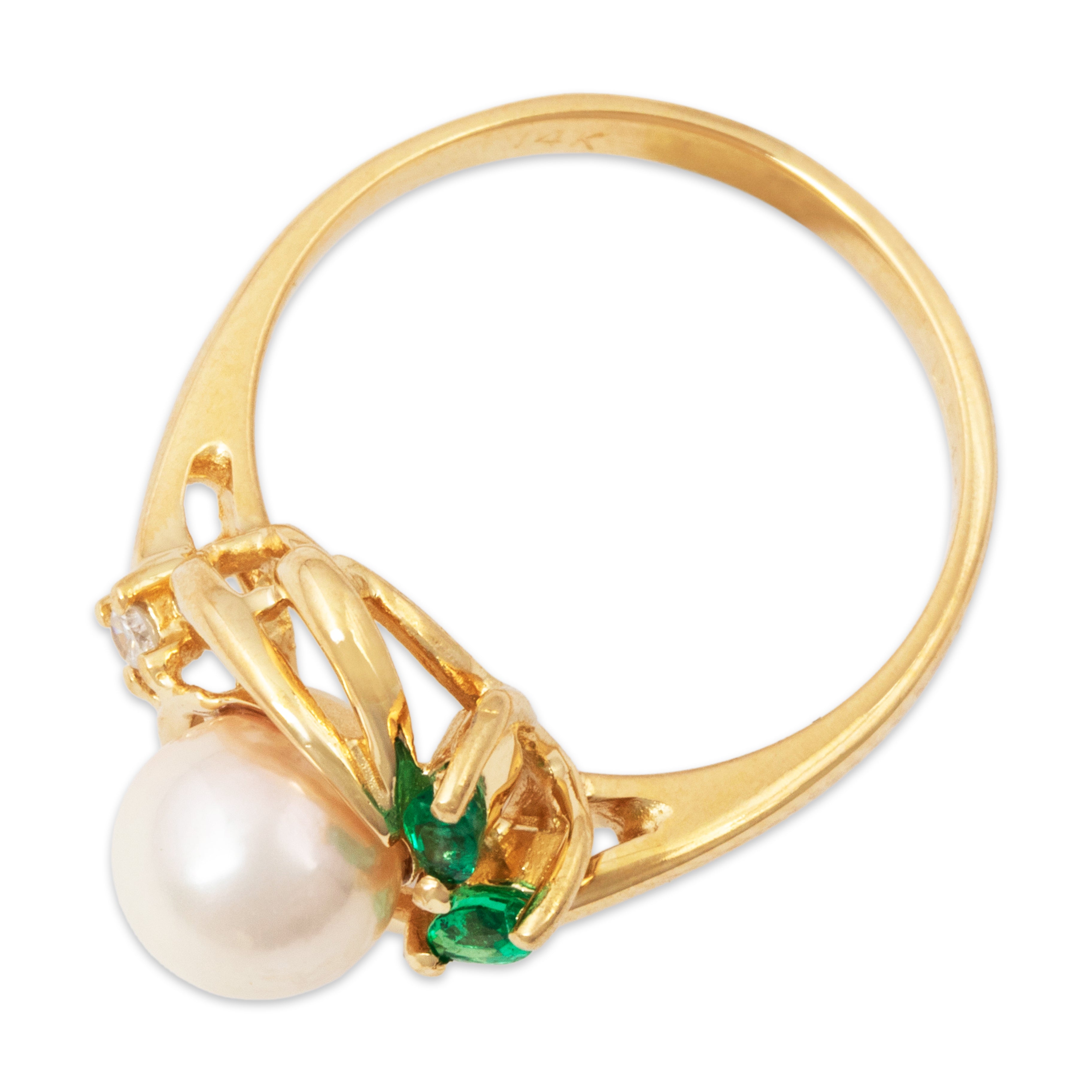 Vintage 14k Gold Pearl Emerald Diamond Lustrous Swirl Ring 6.50、mySite、hinf8tx79