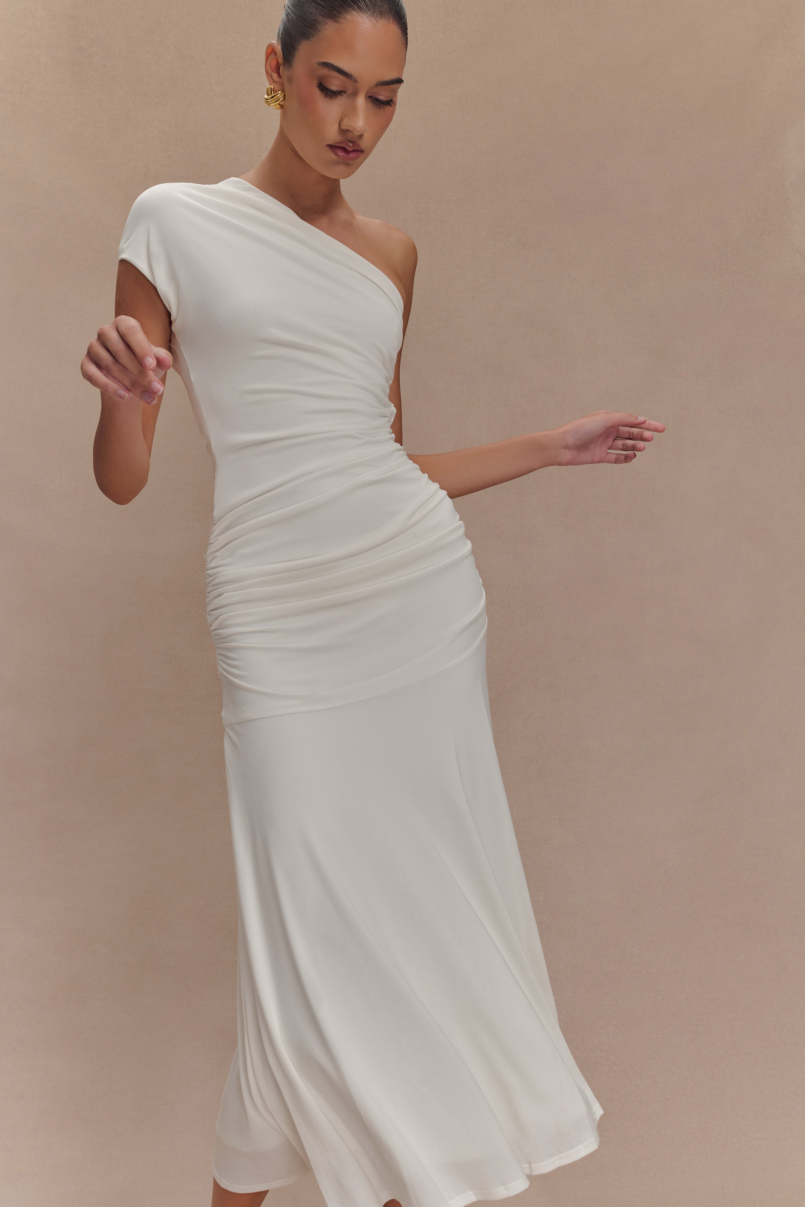 Chloe Peached Jersey One Shoulder Midi Dress - Ivory、mySite、solidvoid