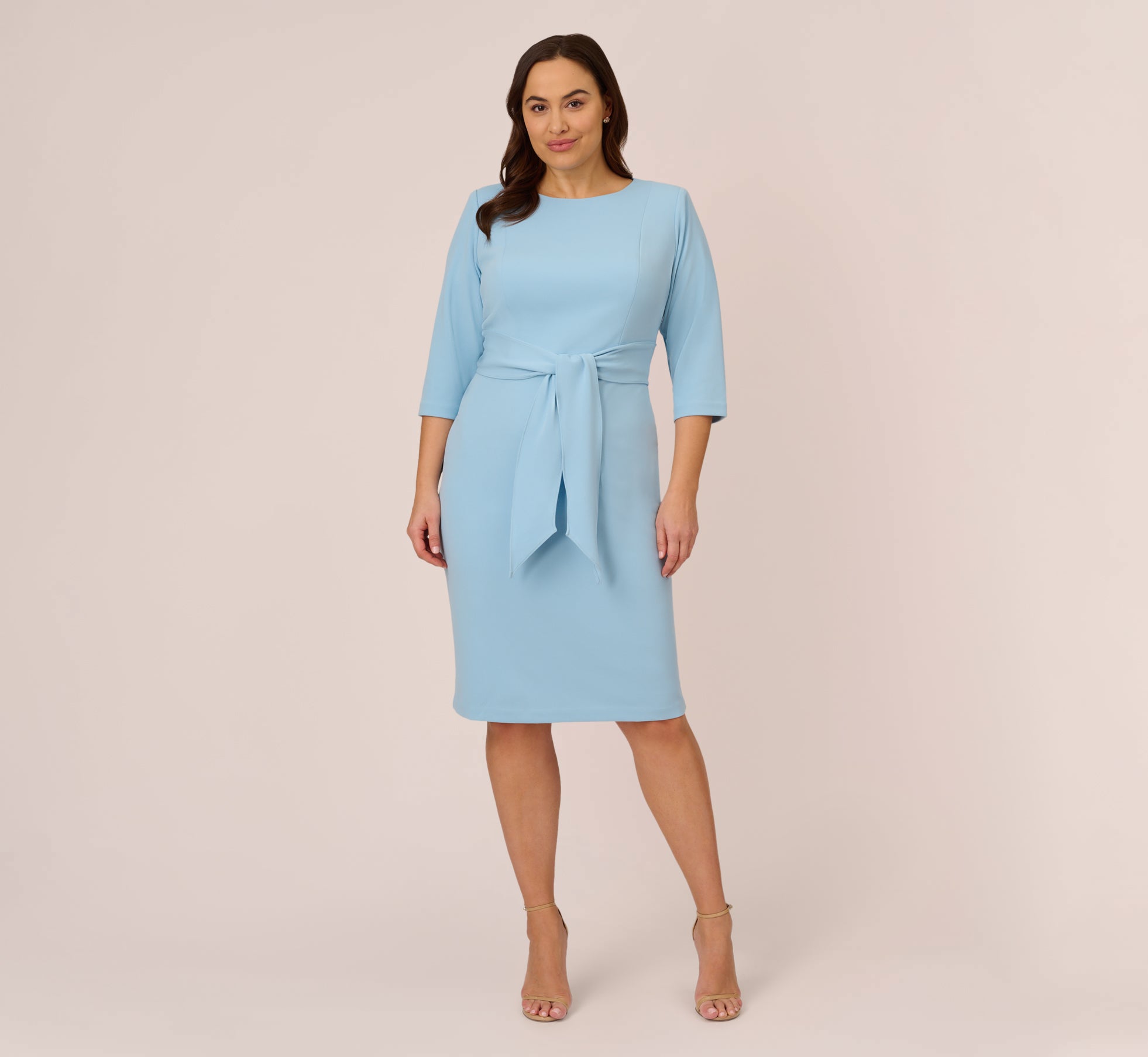Plus Size Knit Crepe Bow Sheath Dress With Three Quarter Sleeves In Blue Mist、mySite、solidvoid