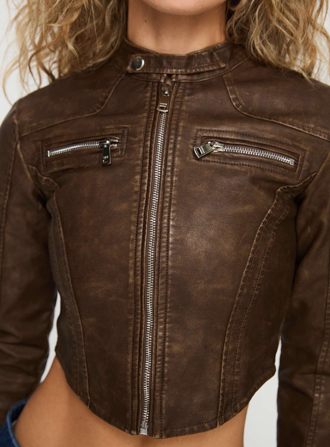 Soothing Faux Leather Biker Jacket Washed Brown、mySite、solidvoid