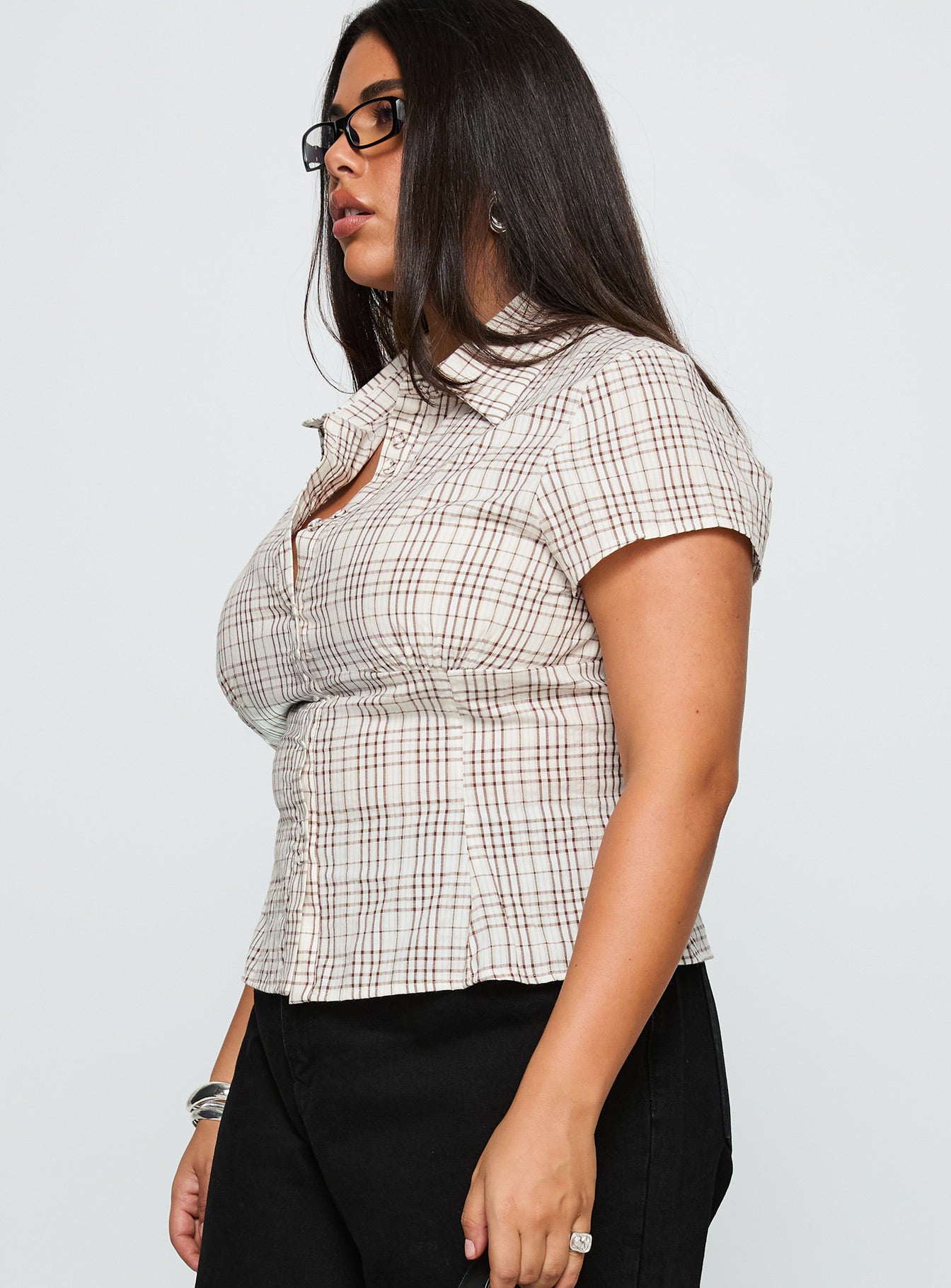 Cottesloe Blouse Top Brown Check Curve、mySite、solidvoid