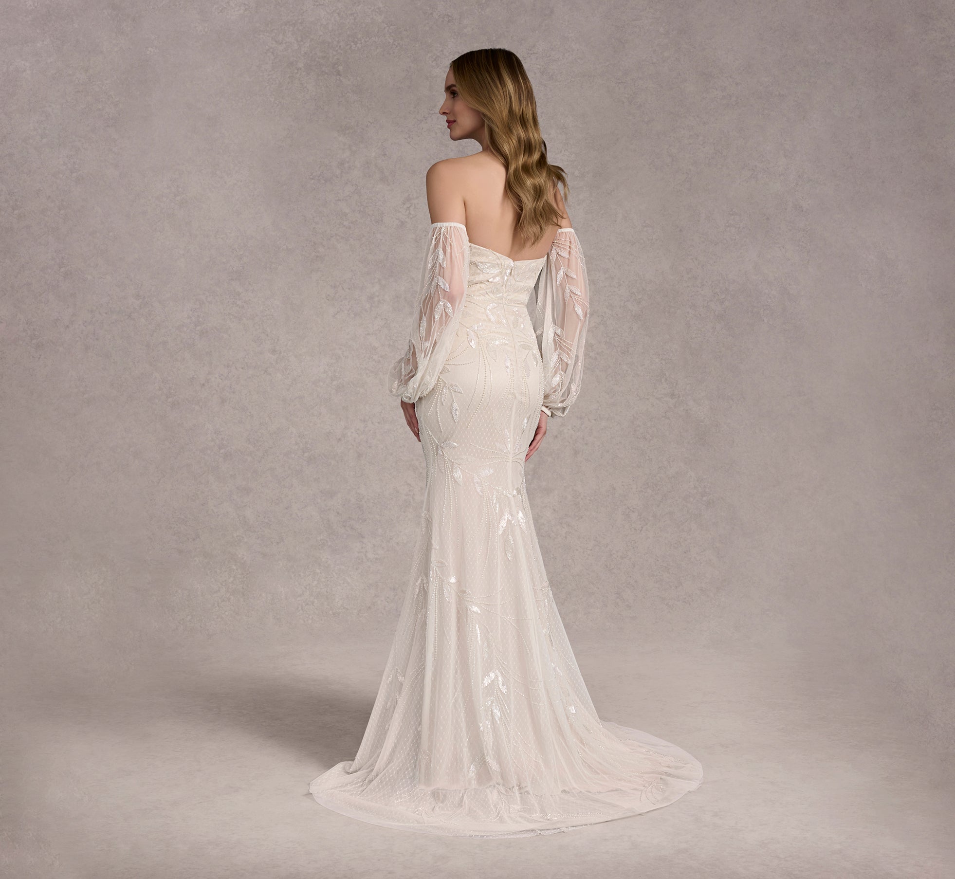 Hand Beaded Strapless Fit And Flare Gown With Detachable Puff Sleeves In Ivory/Pearl In Ivory Pearl、mySite、solidvoid