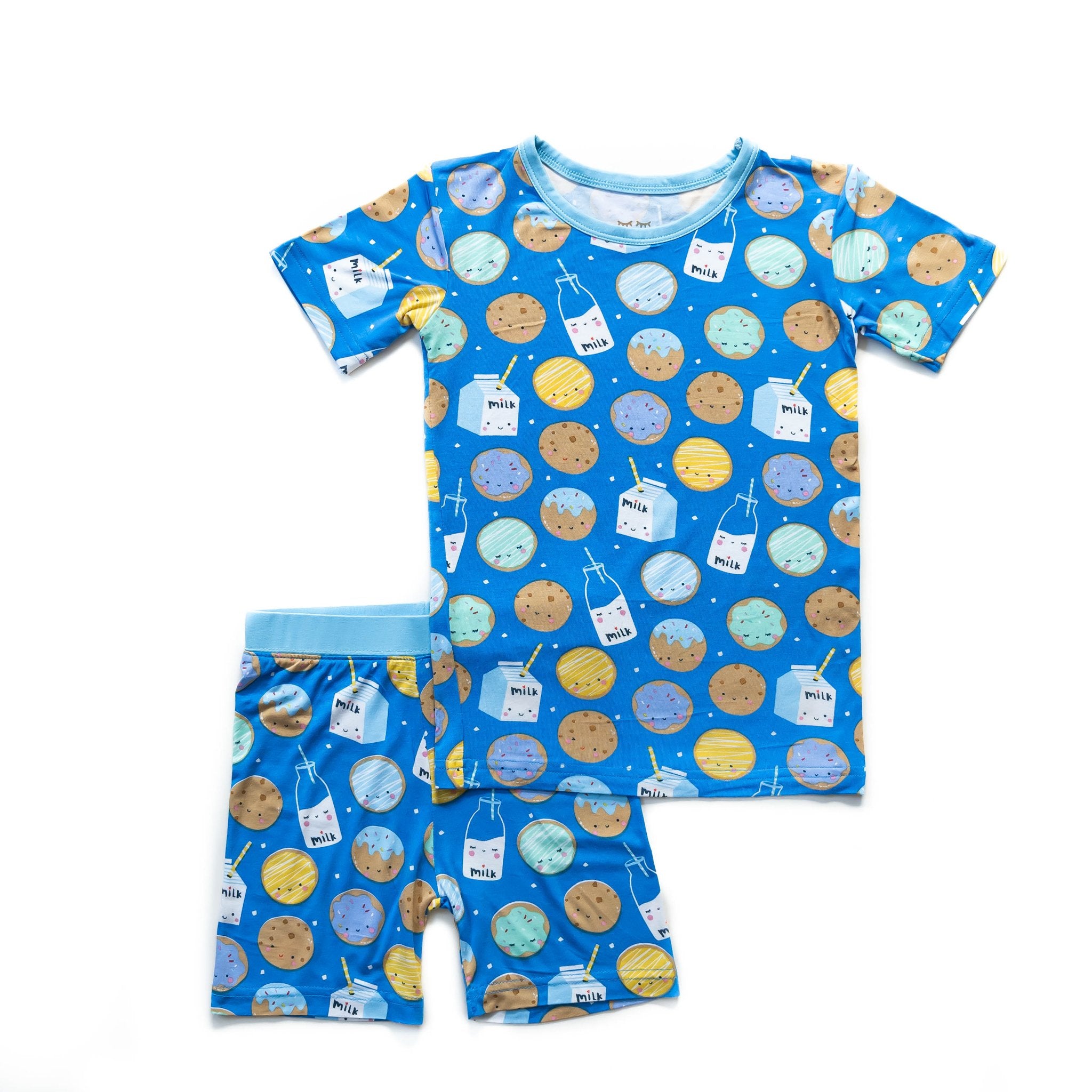  Blue Cookies & Milk Two-Piece Short Sleeve & Shorts Pajama Set、mySite、layawaytickets