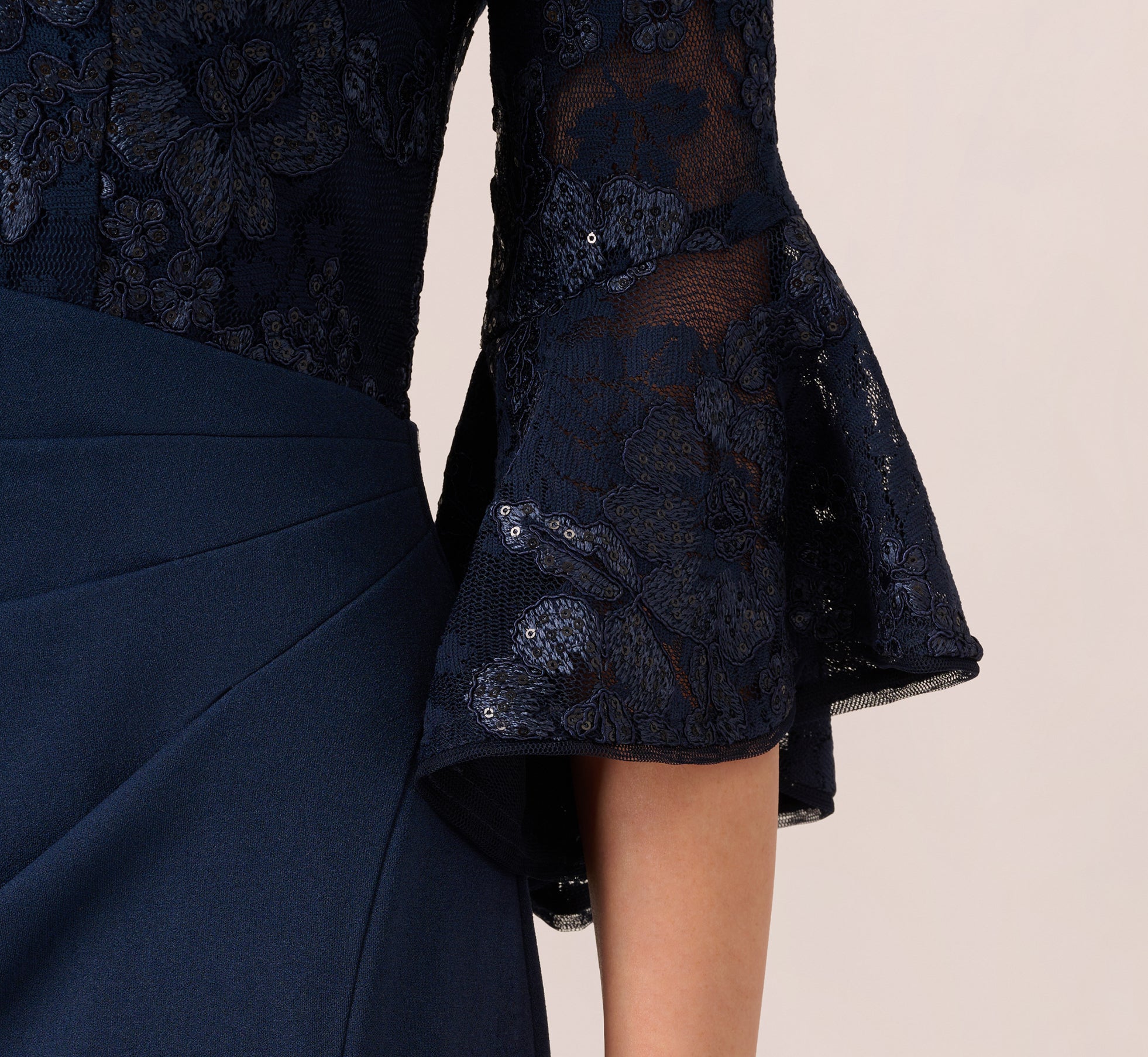 Sequin Floral Lace Dress With Sheer Bell Sleeves In Navy、mySite、solidvoid