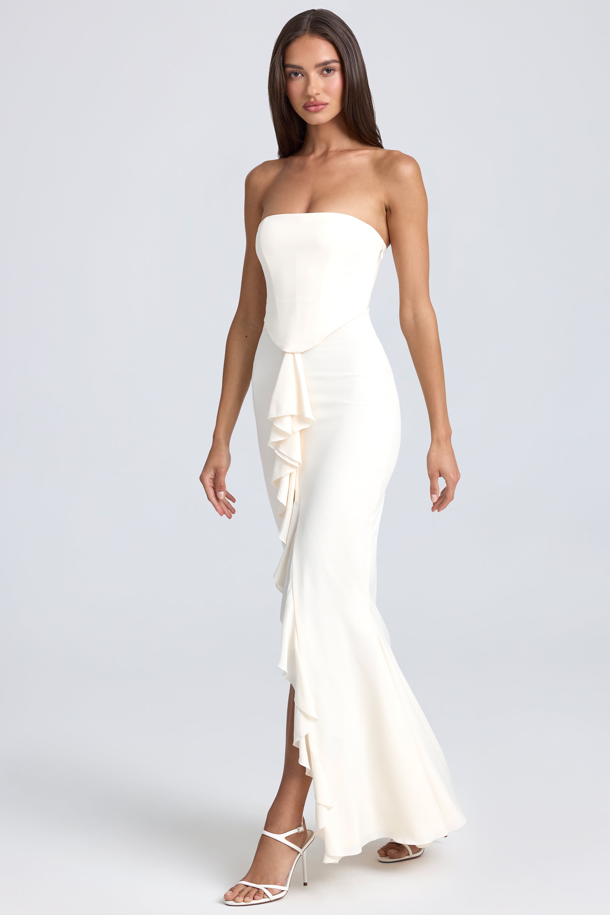 Bandeau Ruffle-Trim Corset Gown in Ivory、mySite、solidvoid