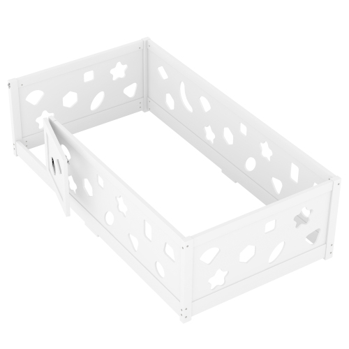 Twin Size Floor Bed with Heightened Safety Guardrails and Door, Solid Wood Bedframe with Rails for Girls, Boys, Teens, Child Bedroom, Kids Playroom, No Slats Included, White、、casual
