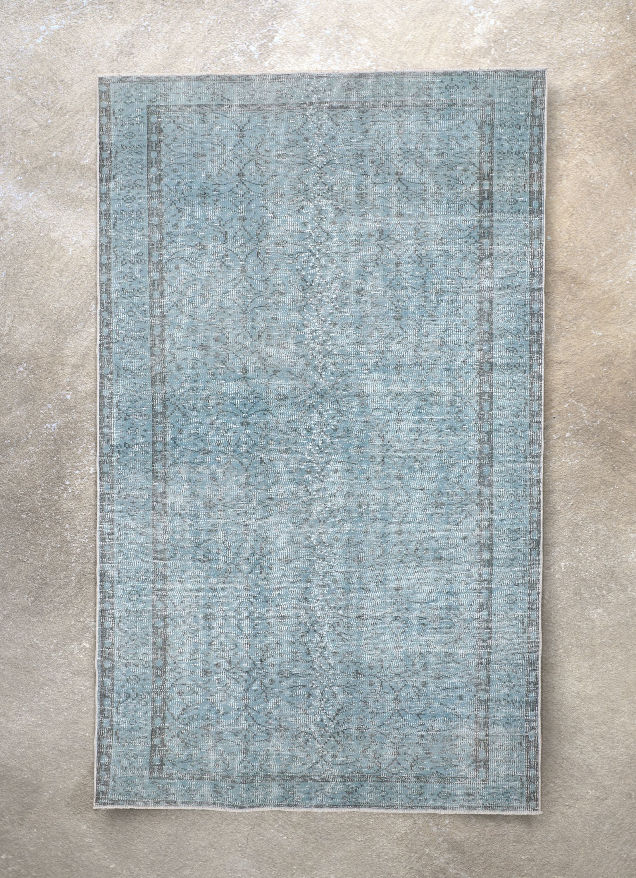 Ardin Light Blue Overdyed Floral Botanical Border Pattern One-of-a-Kind Handmade Wool Area Rug 5'6 x 9'、mySite、gigharbornorthrealestate