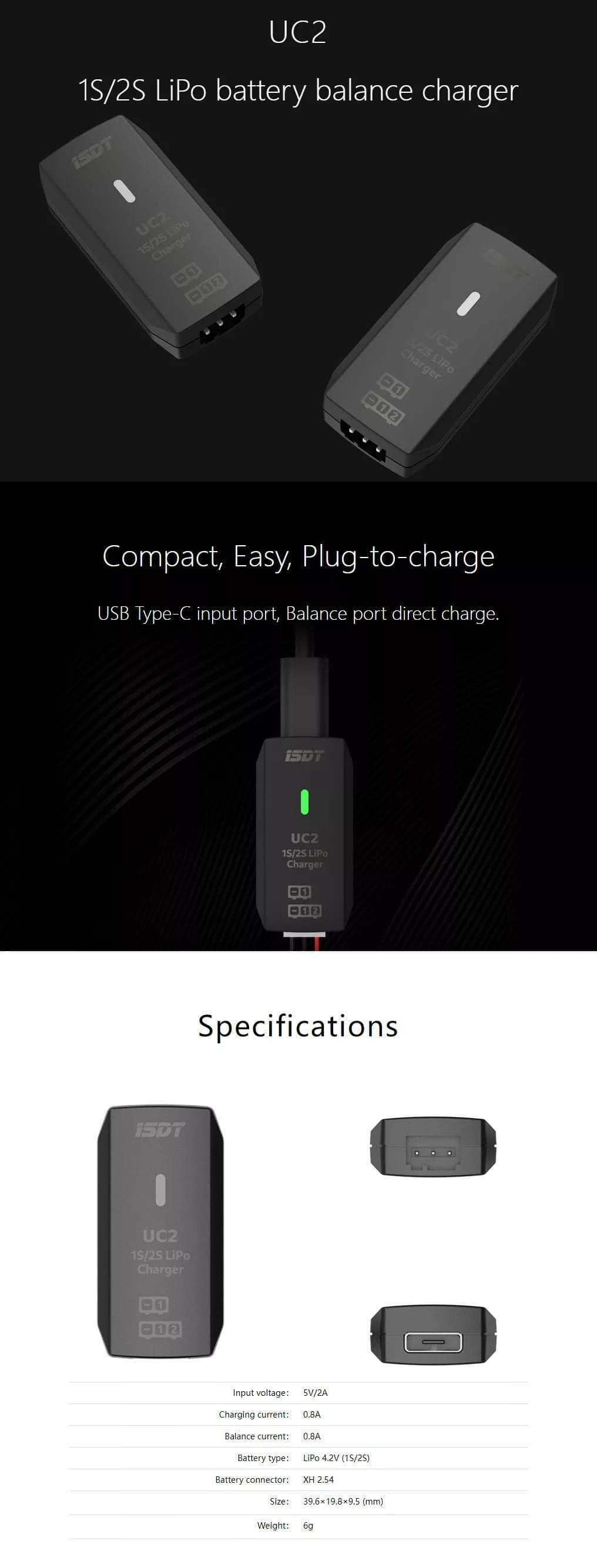ISDT UC2 2A 5v 1-2S USB-C Micro Charger