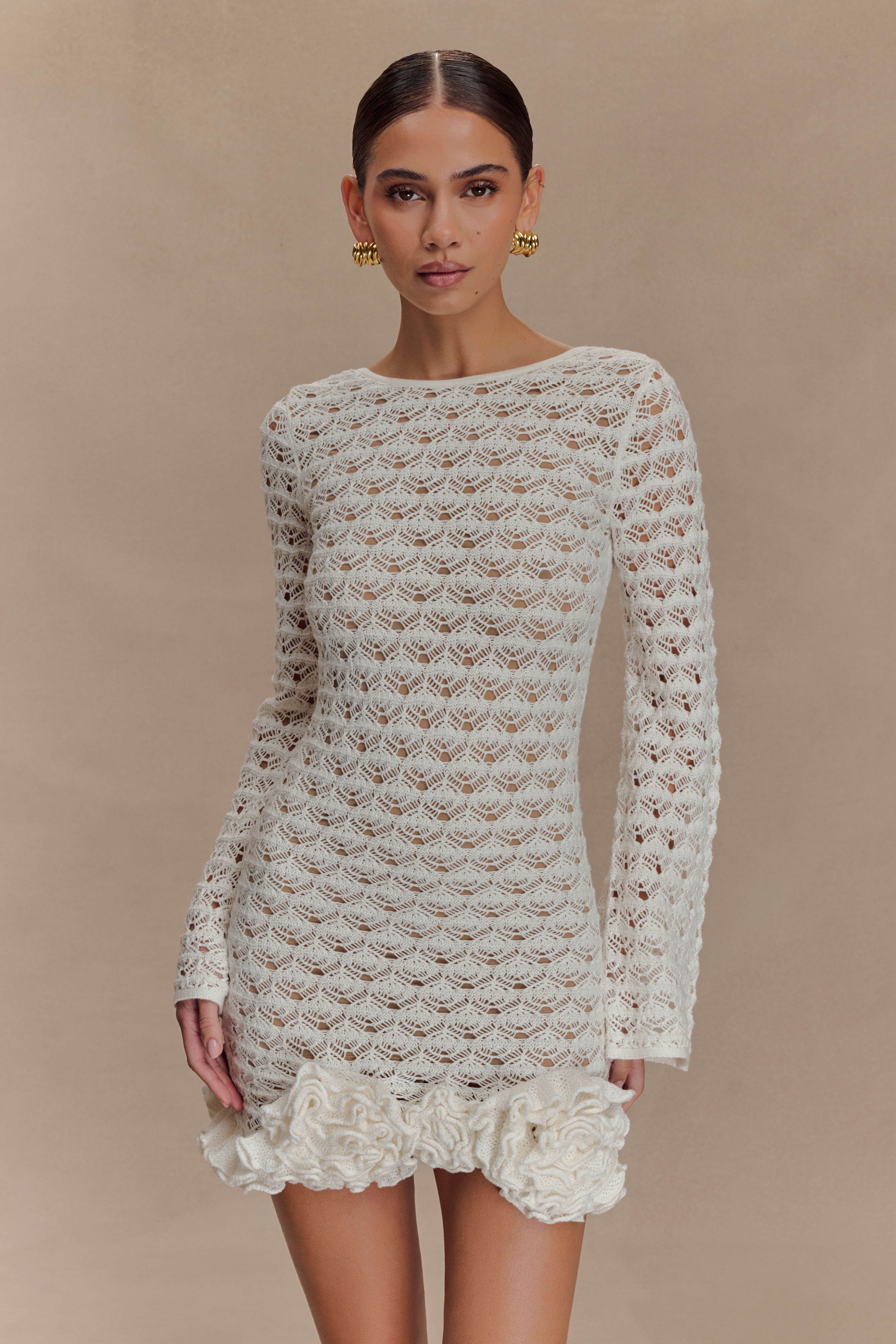 Aileen Ruffle Crochet Mini Dress - Ivory、mySite、solidvoid