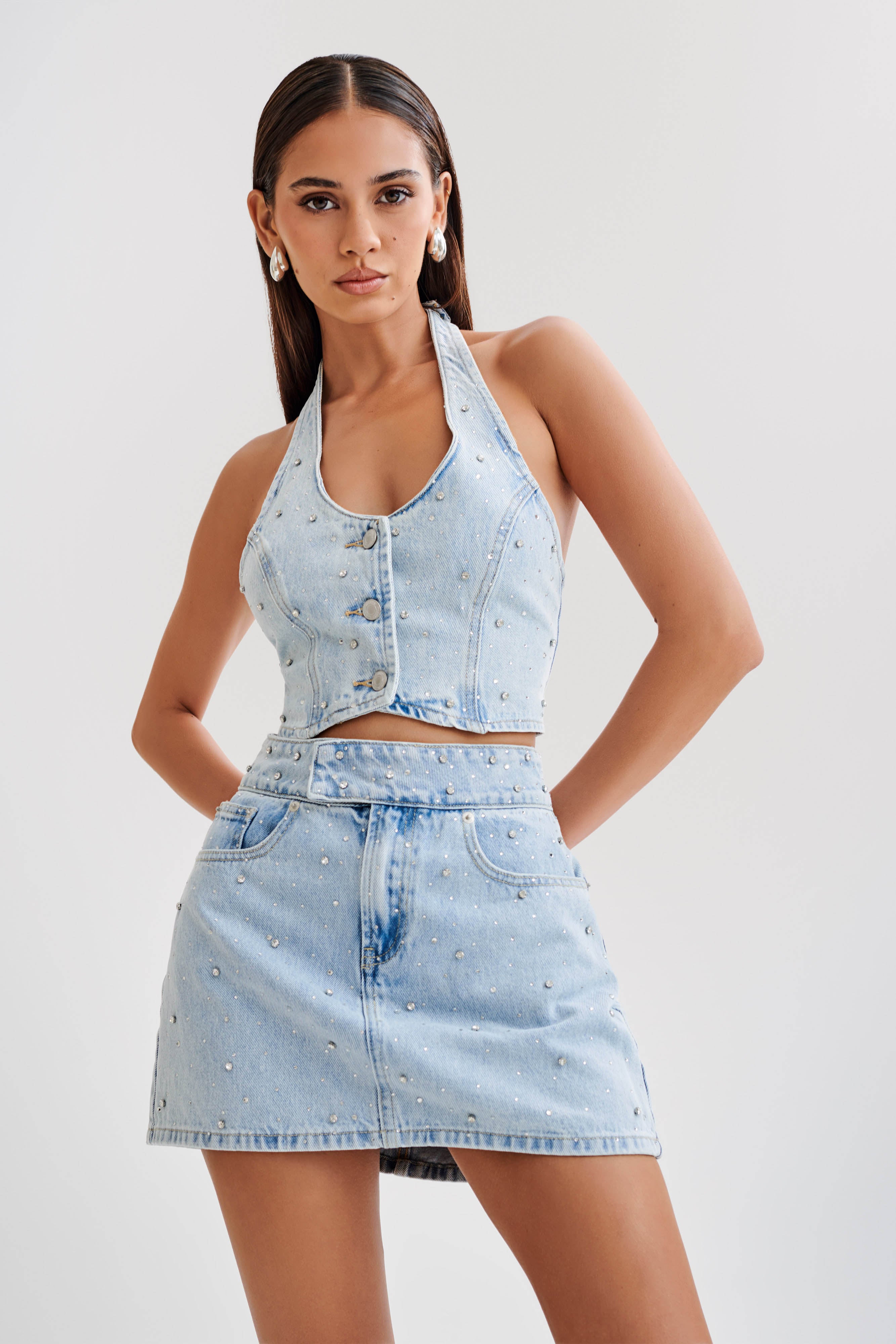 Kieryn Embellished Denim Mini Skirt - Light Blue、mySite、solidvoid