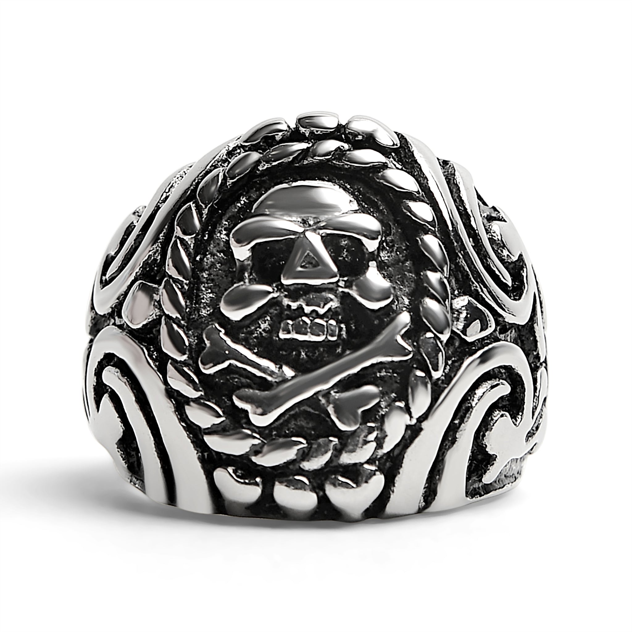 Polished Skull And Crossbones With Ocean Pattern Stainless Steel Ring / SCR1001、mySite、dreamappss