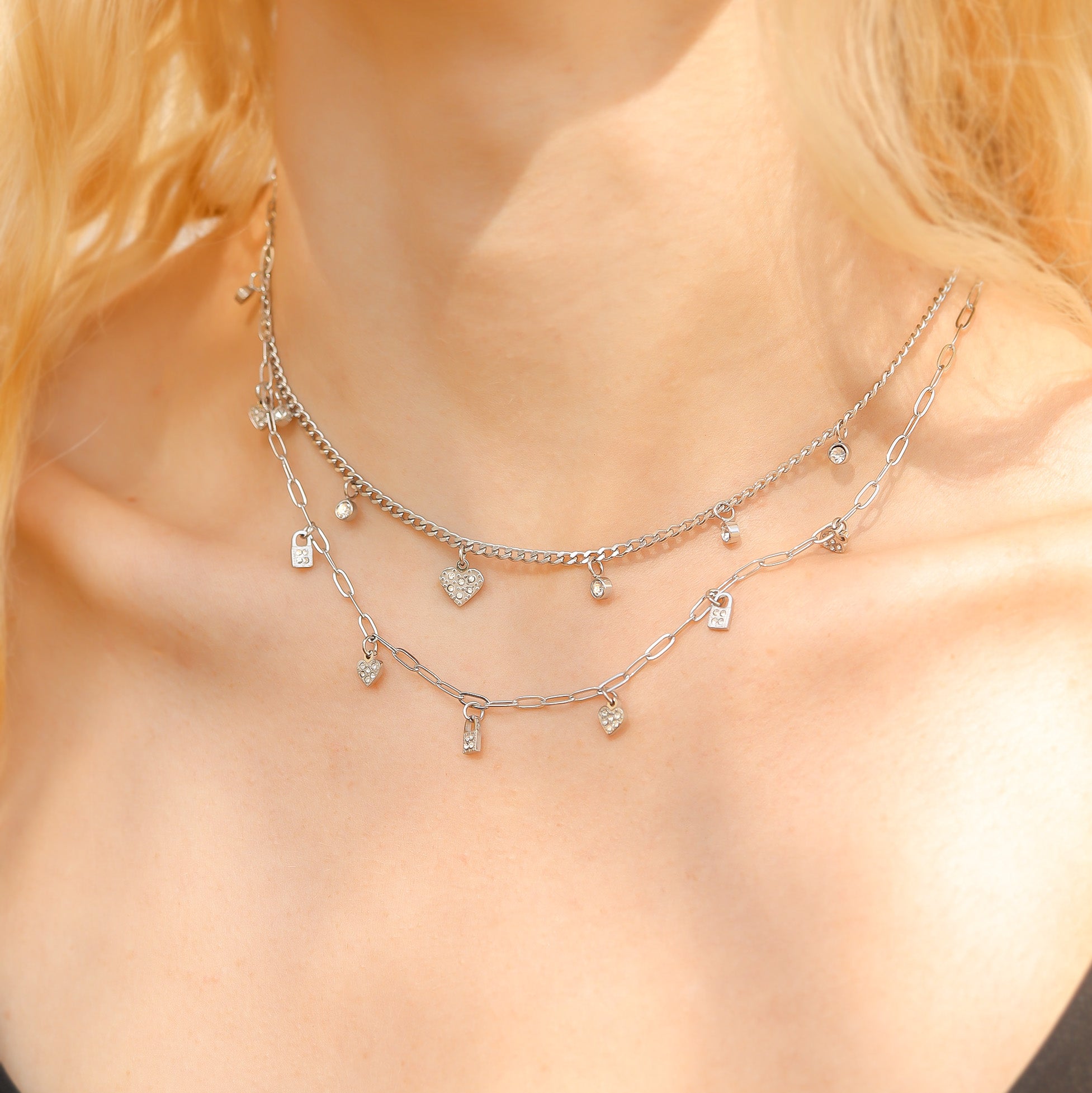 Stainless Steel 2 Row Heart & Lock Charm Necklace / CHN0069、mySite、dreamappss