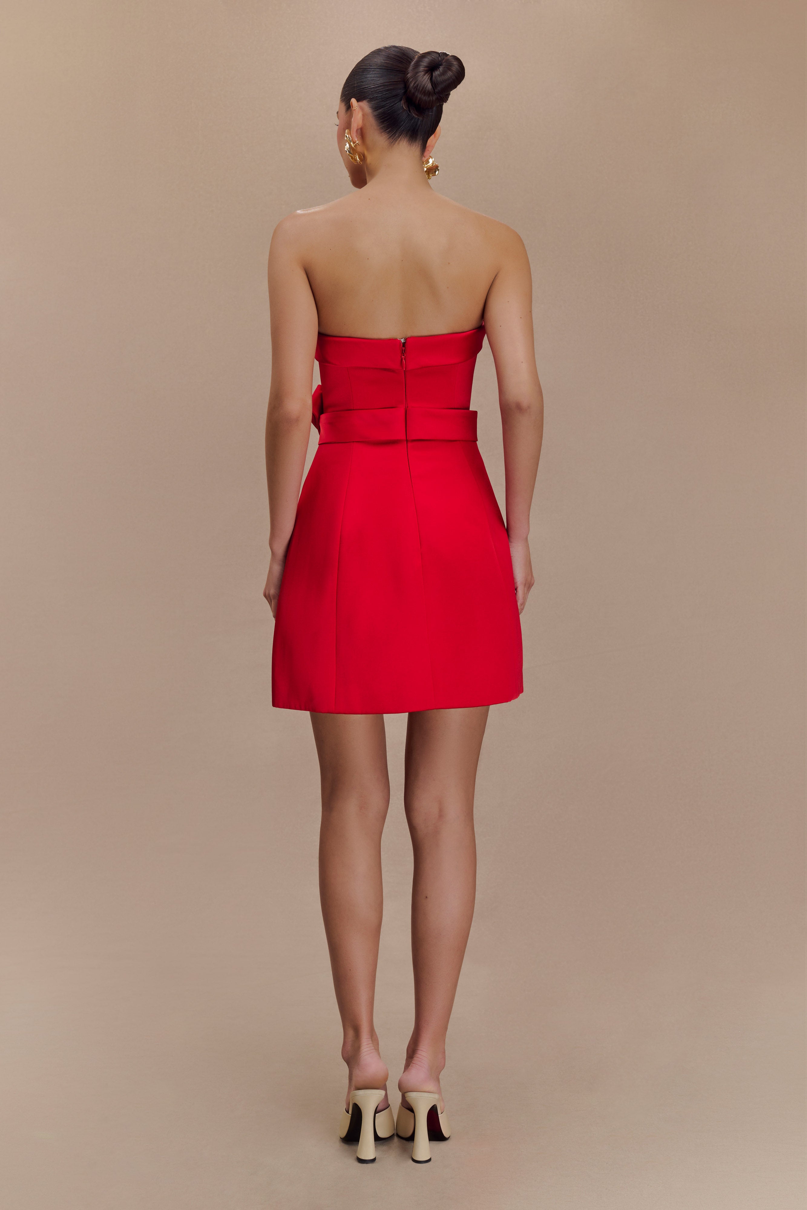 Tatiana Satin Strapless Bow Mini Dress - Red、mySite、solidvoid