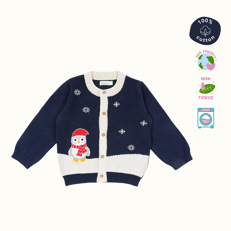 Cotton Jacquard Sweater, Lower & Cap Set | Penguine Printed | Navy Blue & Red | Set of 3、mySite、camillekostekn