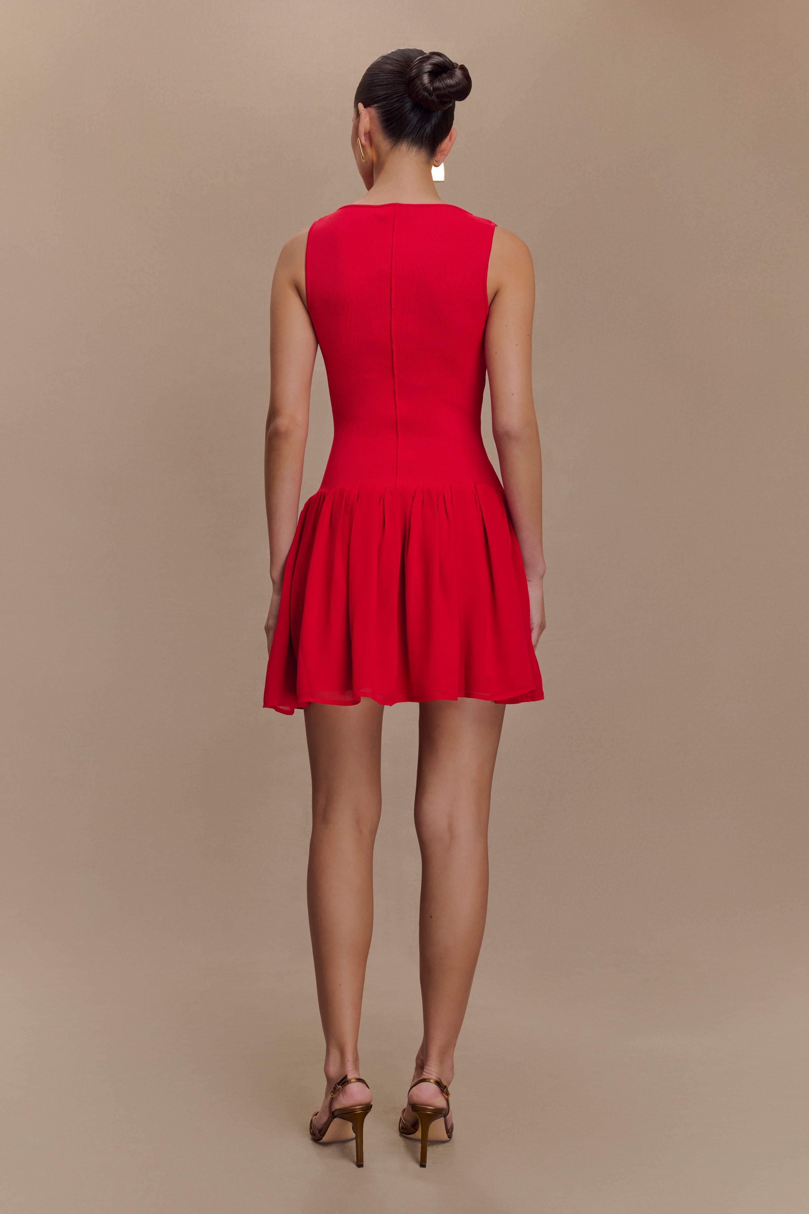 Ashleigh Knit And Chiffon Mini Dress - Red、mySite、solidvoid