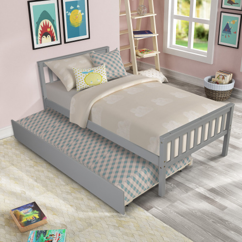 Twin Bed with Trundle, Platform Bed Frame with Headboard and Footboard, for Bedroom Small Living Space,No Box Spring Needed,Grey(New SKU:W504P148530)、、casual