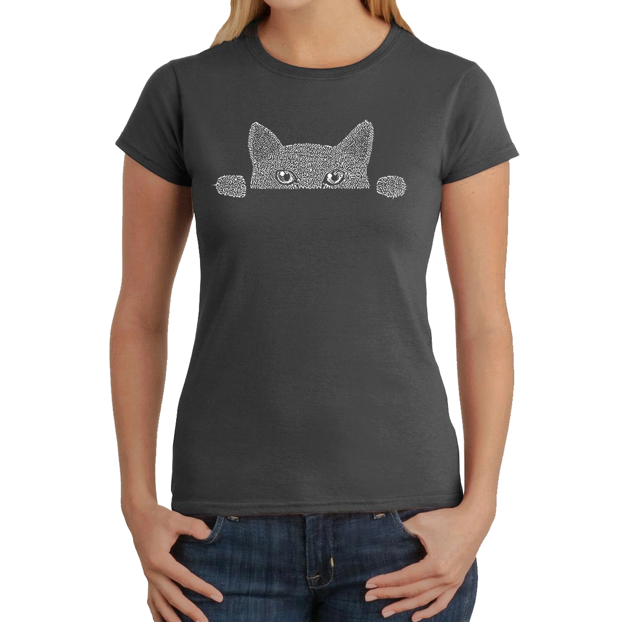 Peeking Cat - Women's Word Art T-Shirt、mySite、camillekostekn