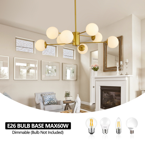 35" Modern 8-Light Gold Chandelier with White Glass Globe Shades, Mid-Century Branching Design, Elegant Ceiling Light Fixture for Dining Room, Living Room, or Bedroom (No Bulbs)、、eastwooduniform