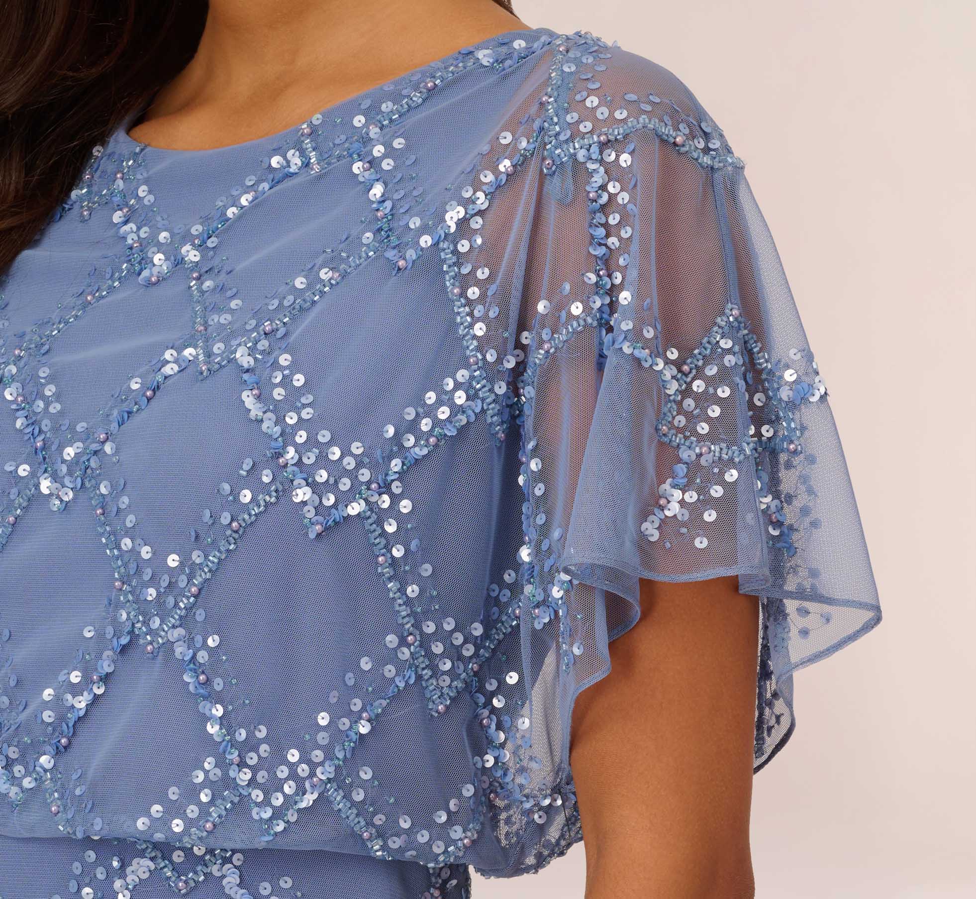 Hand-Beaded Blouson Long Gown With Flutter Sleeves In French Blue、mySite、solidvoid
