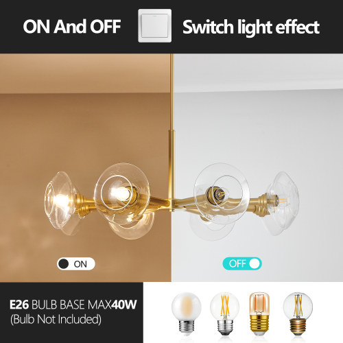 26" Modern Gold 5-Light Sputnik Chandelier with Clear Glass Shades, Mid-Century Hanging Pendant Light Fixture for Dining Room, Living Room, or Kitchen (Bulb Not Included)、、eastwooduniform