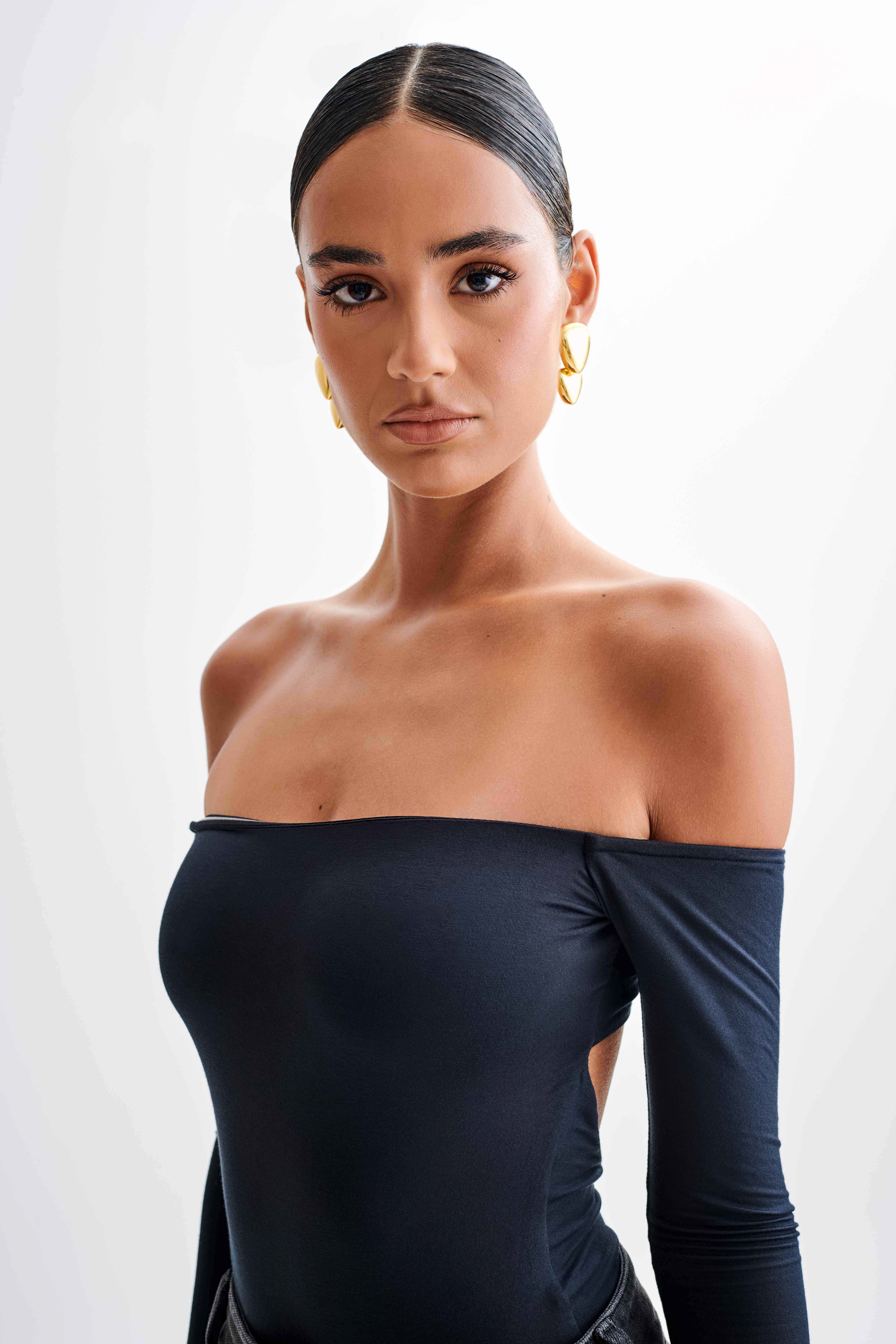 Peta Off Shoulder Modal Long Sleeve Bodysuit - Black、mySite、solidvoid