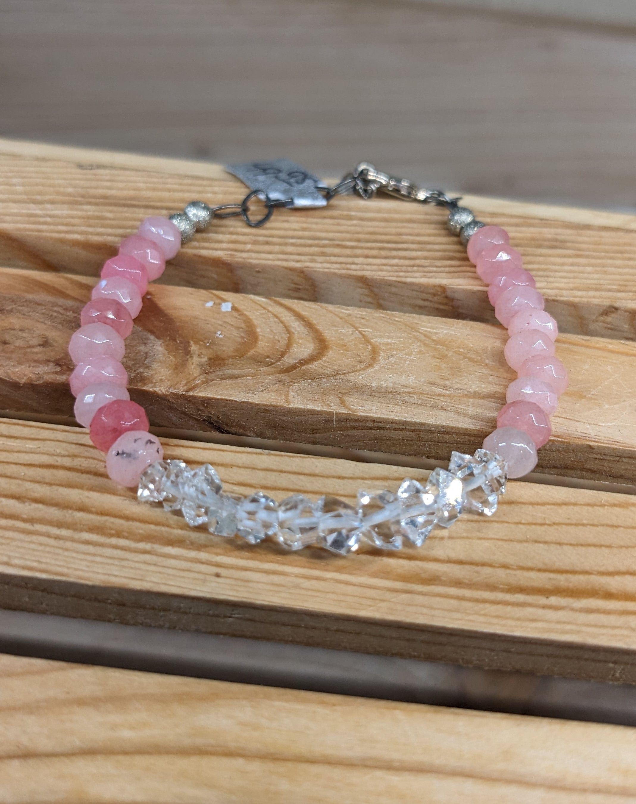 Caribbean Blue or Pink Chalcedony and Herkimer Diamond Bracelets-HANDMADE with love! 925 Silver Clasp、mySite、g9winljtr