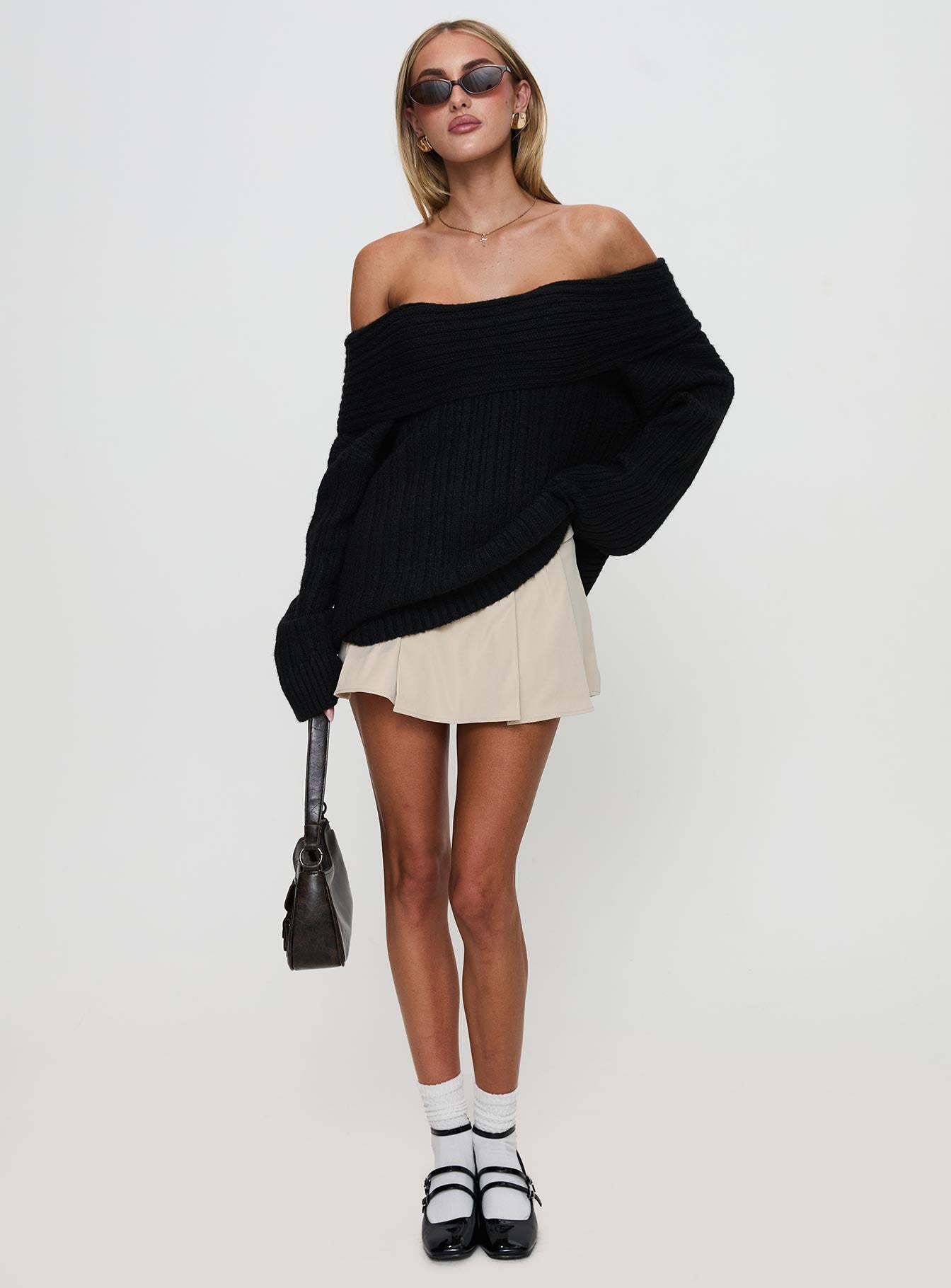 Snowie Off Shoulder Knit Sweater Black、mySite、solidvoid